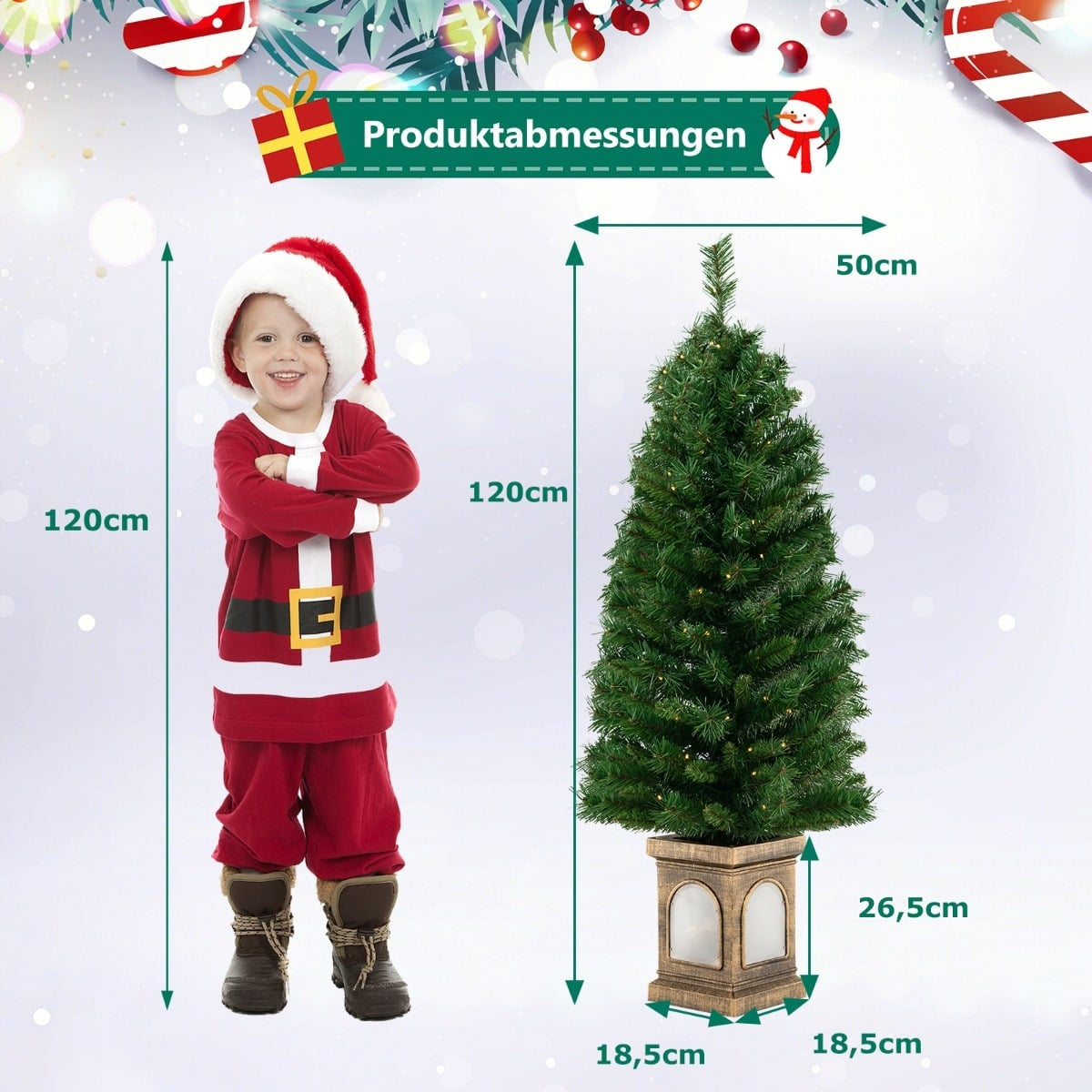 Een kind in kerstmanpak staat naast een 120 cm hoge kerstboom.