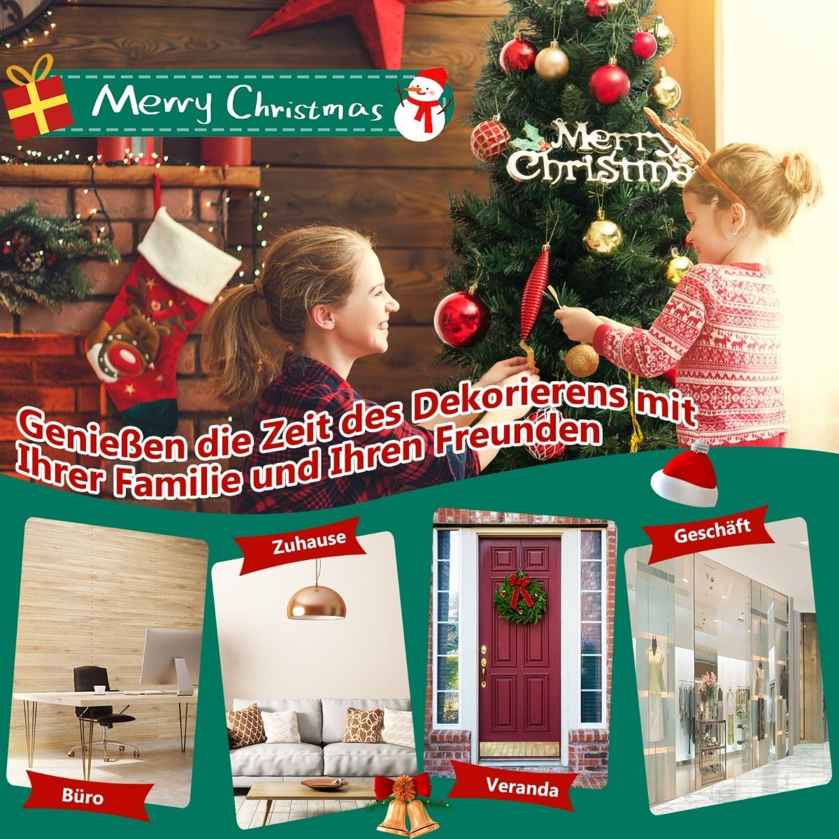 Meisjes versieren kerstboom. Beneden: Kantoor, Huis, Portiek, Winkel.