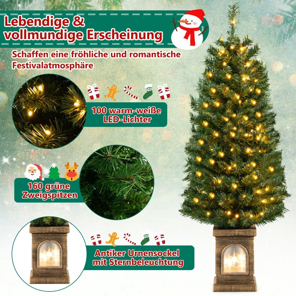 Een kerstboom met 100 lampjes en 160 takken, op een urnvoet.