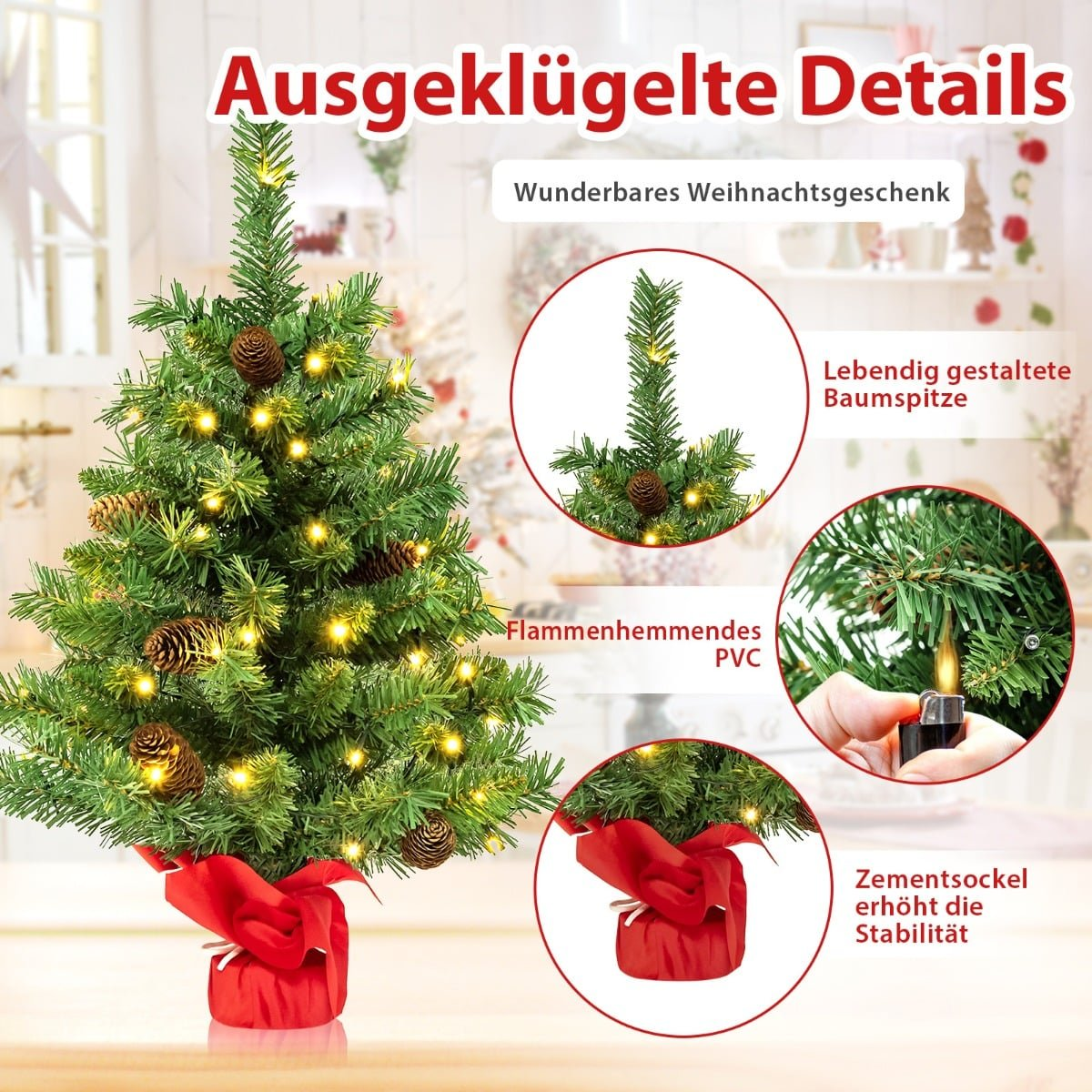 Een kleine kunstkerstboom met lampjes en dennenappels, rood omwikkeld.