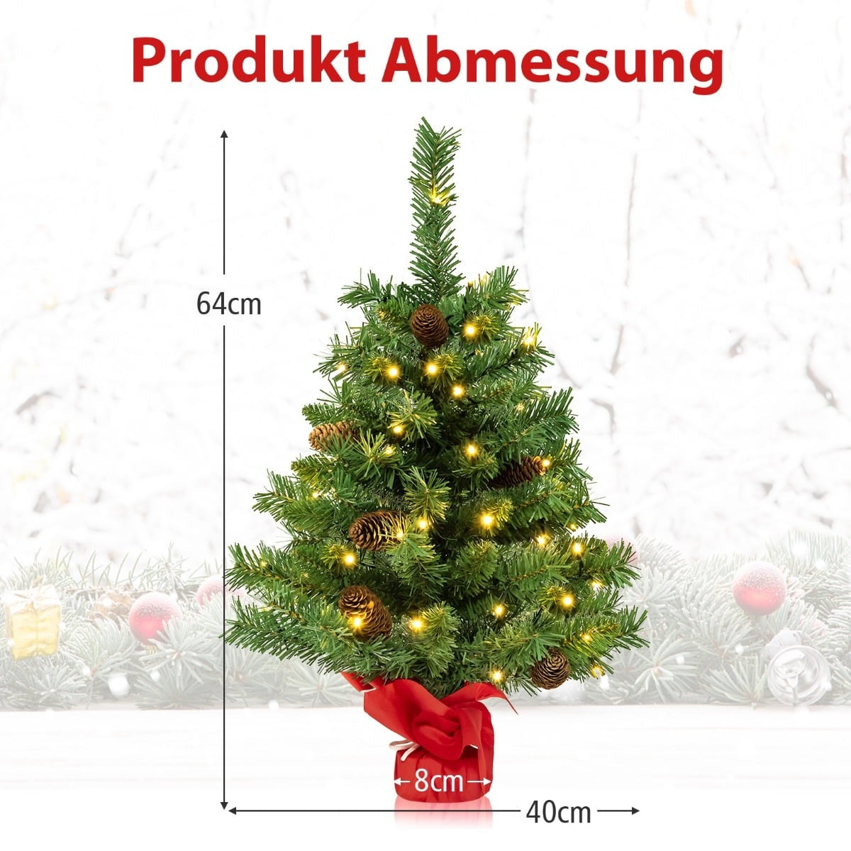 Kleine verlichte kunstkerstboom, 64 cm hoog, met dennenappels en rood lint.