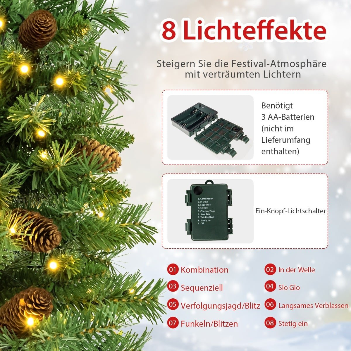 Kerstboom met lampjes en dennenappels, toont 8 lichteffecten en batterijdoos.