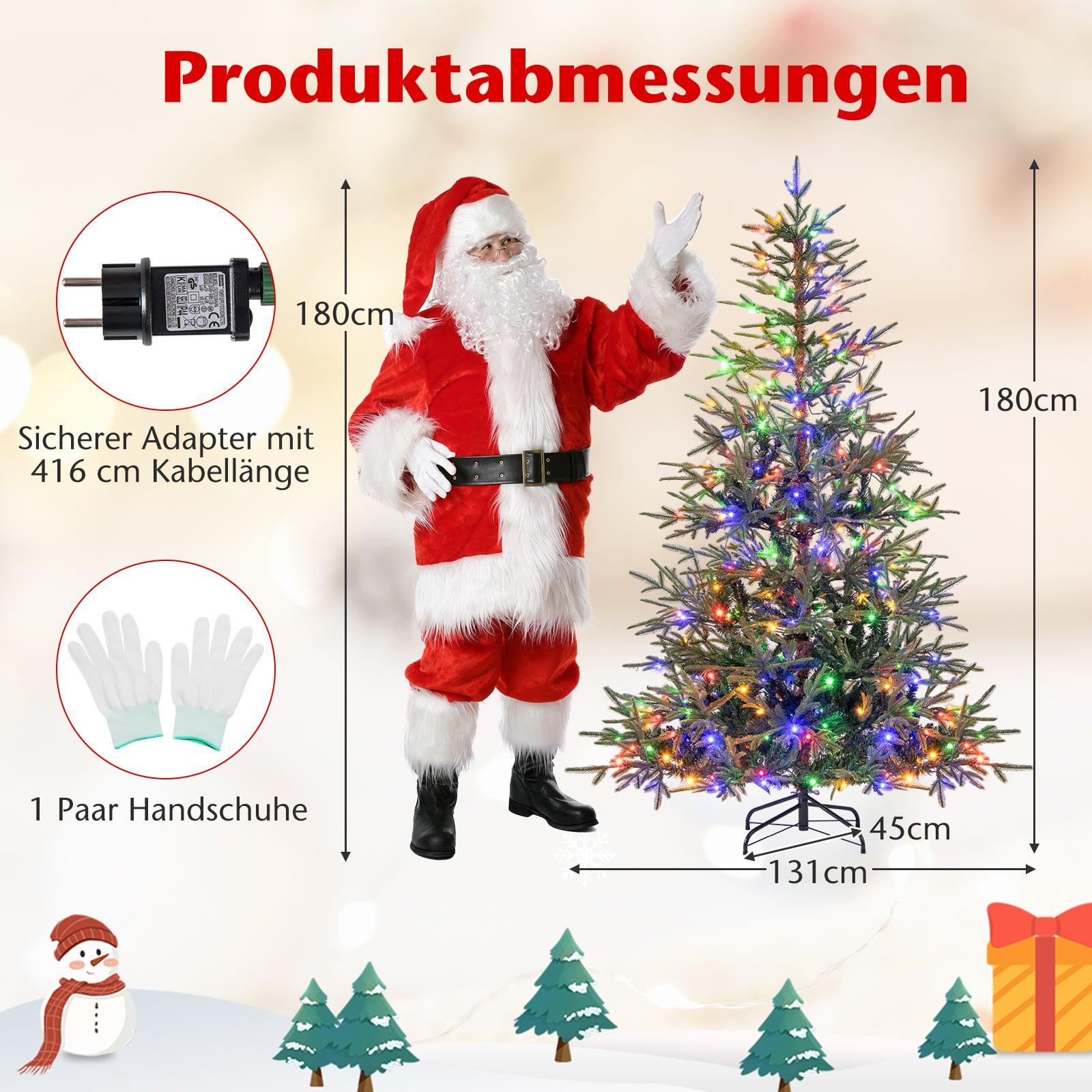 Een man in kerstmanpak staat naast een verlichte kerstboom. Afmetingen worden getoond.