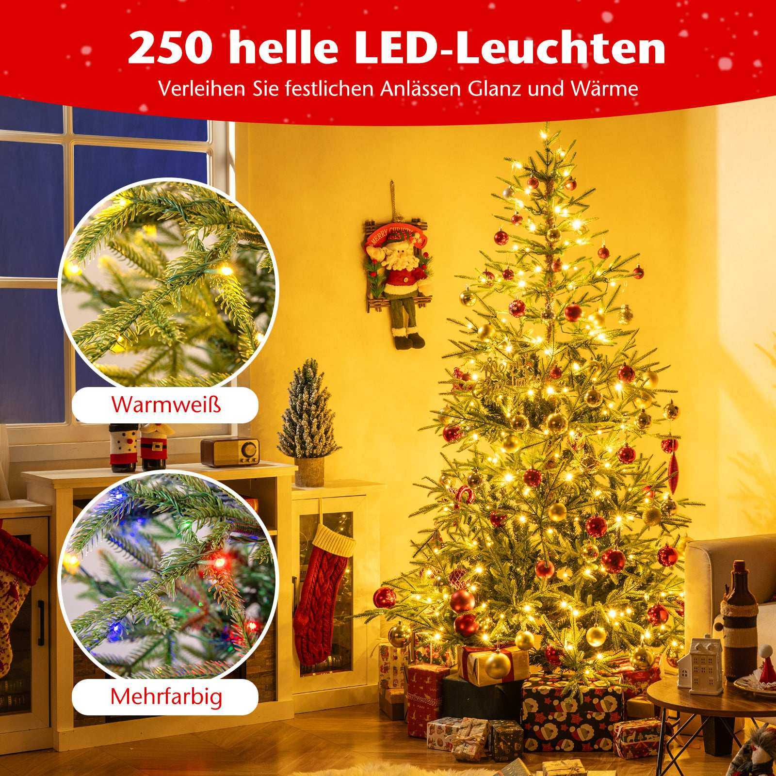 Een versierde kerstboom met lampjes en cadeaus. Close-ups tonen warm wit en veelkleurige lampjes.