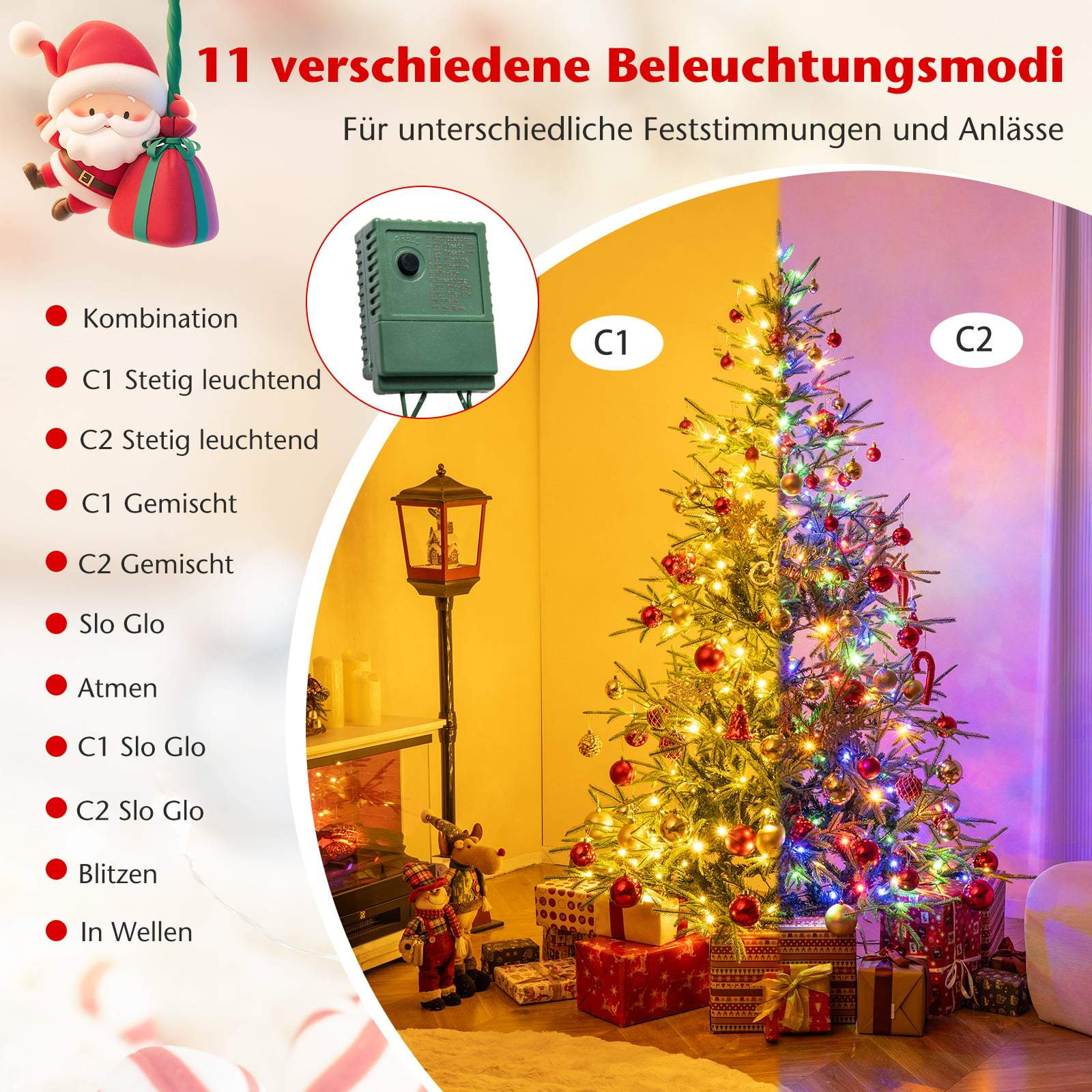 Kerstboom met 11 verlichtingsmodi, cadeaus en decoraties.