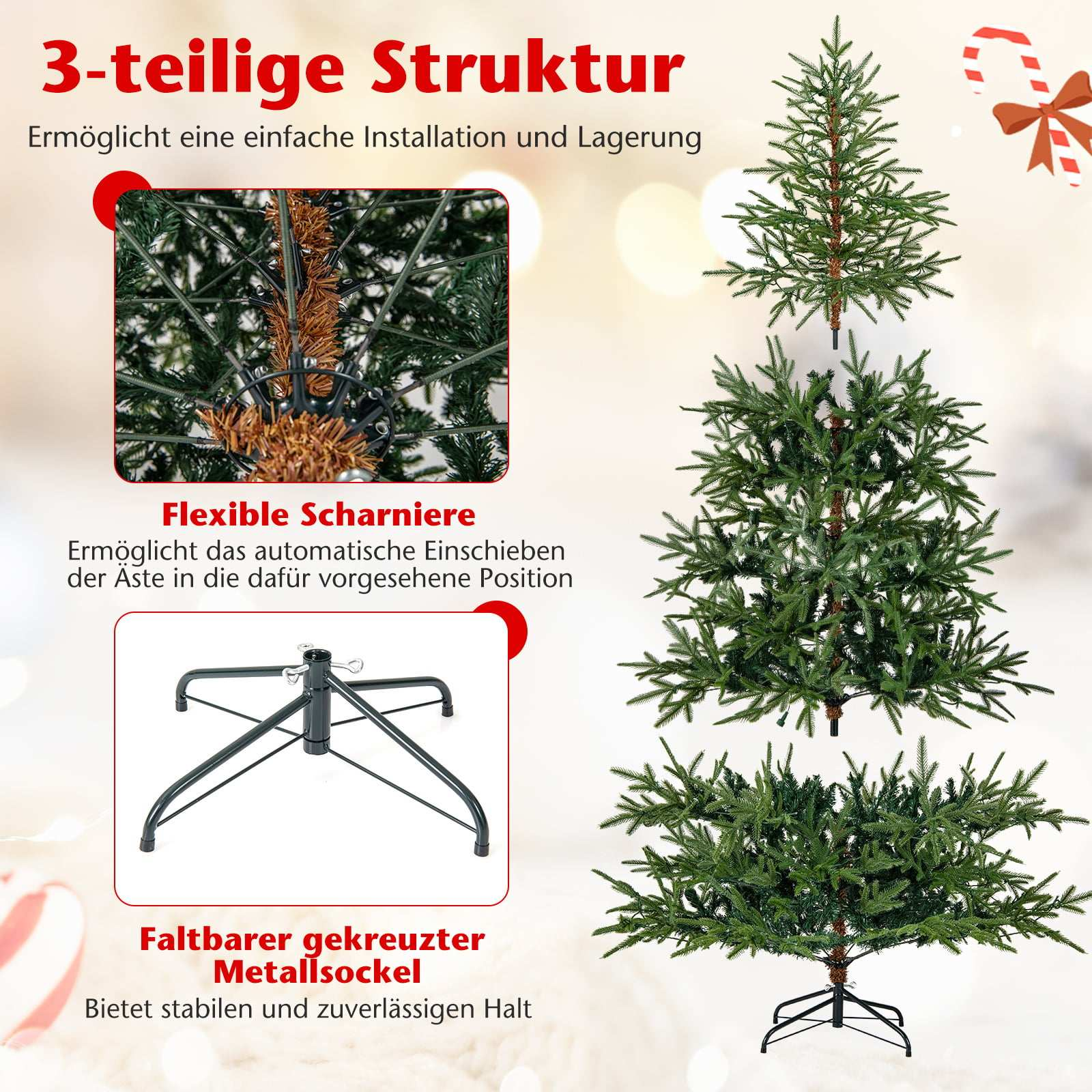 3-delige structuur met flexibele scharnieren en inklapbare voet.