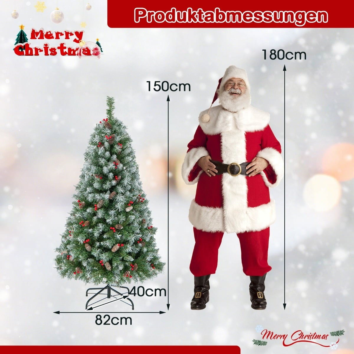 Een versierde kerstboom (150cm) en Kerstman (180cm) met afmetingen.
