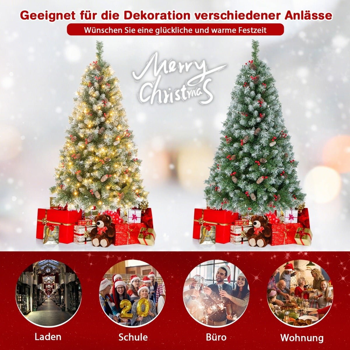 Twee versierde kerstbomen, één met lichtjes, cadeaus en beren.