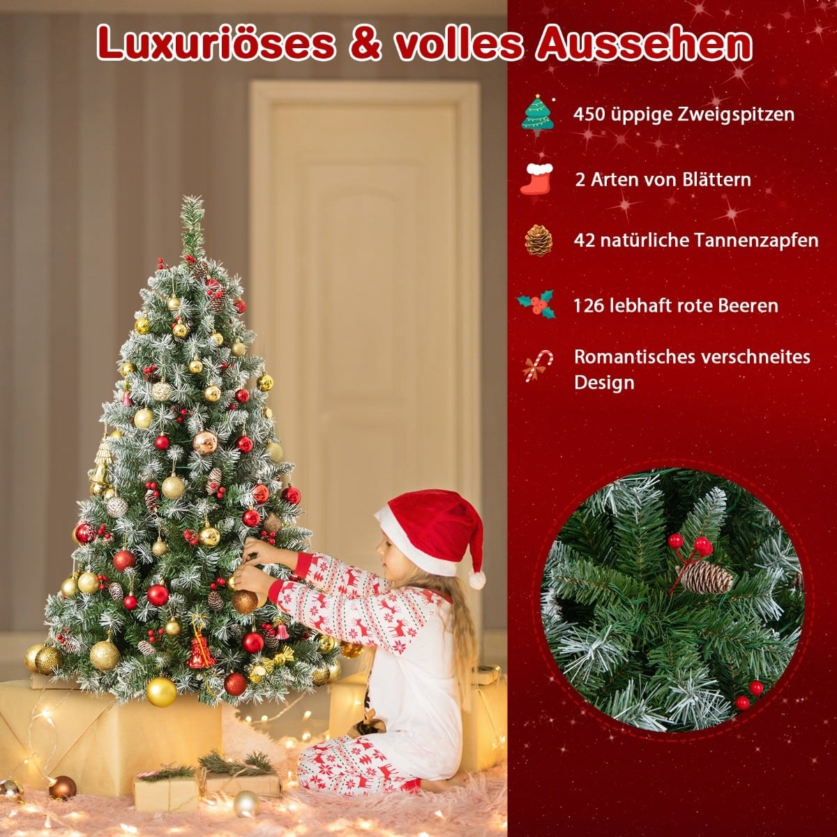 Een meisje versiert een kerstboom met rode en gouden ballen en dennenappels.