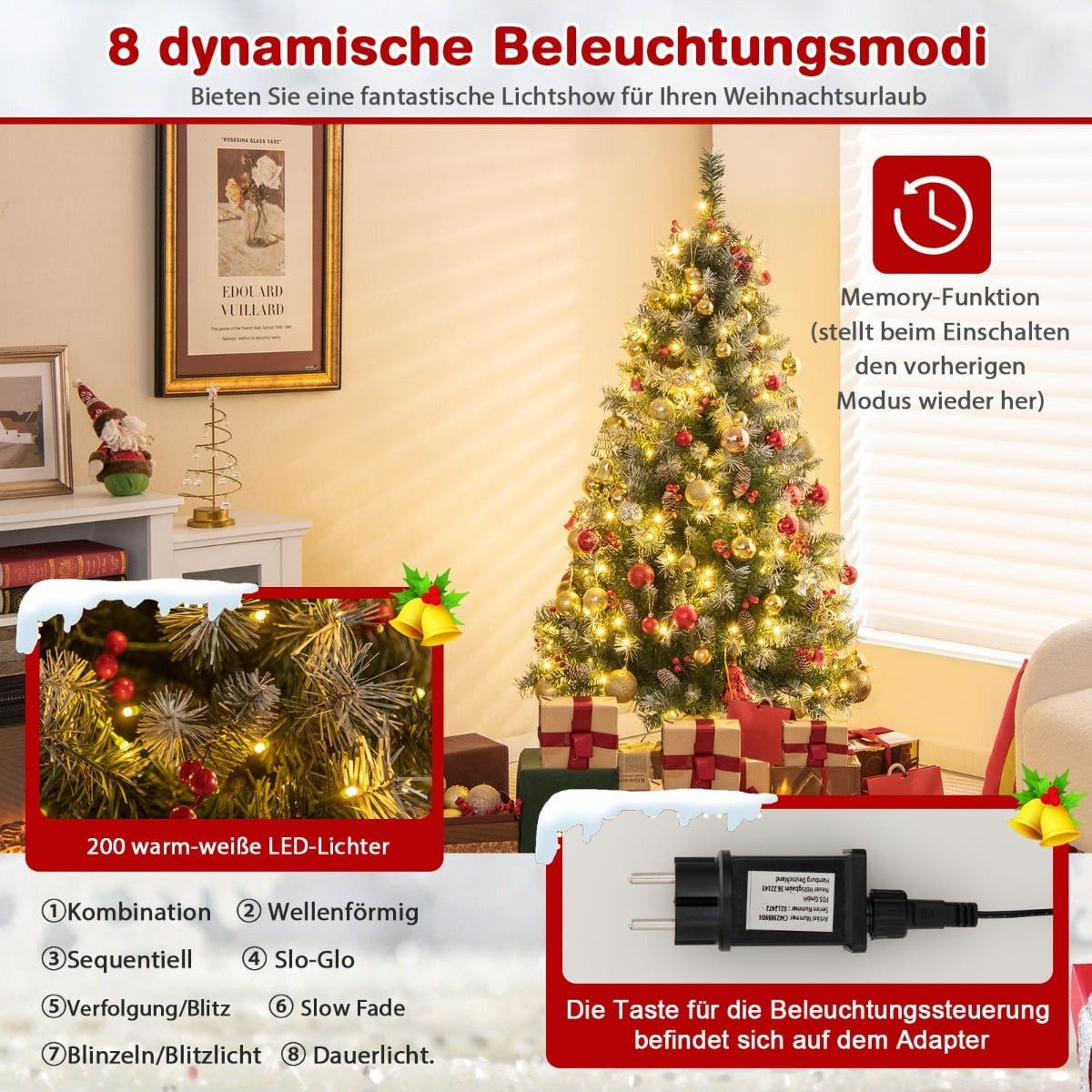 Kerstboom met lampjes, cadeaus en een kunstcollage.