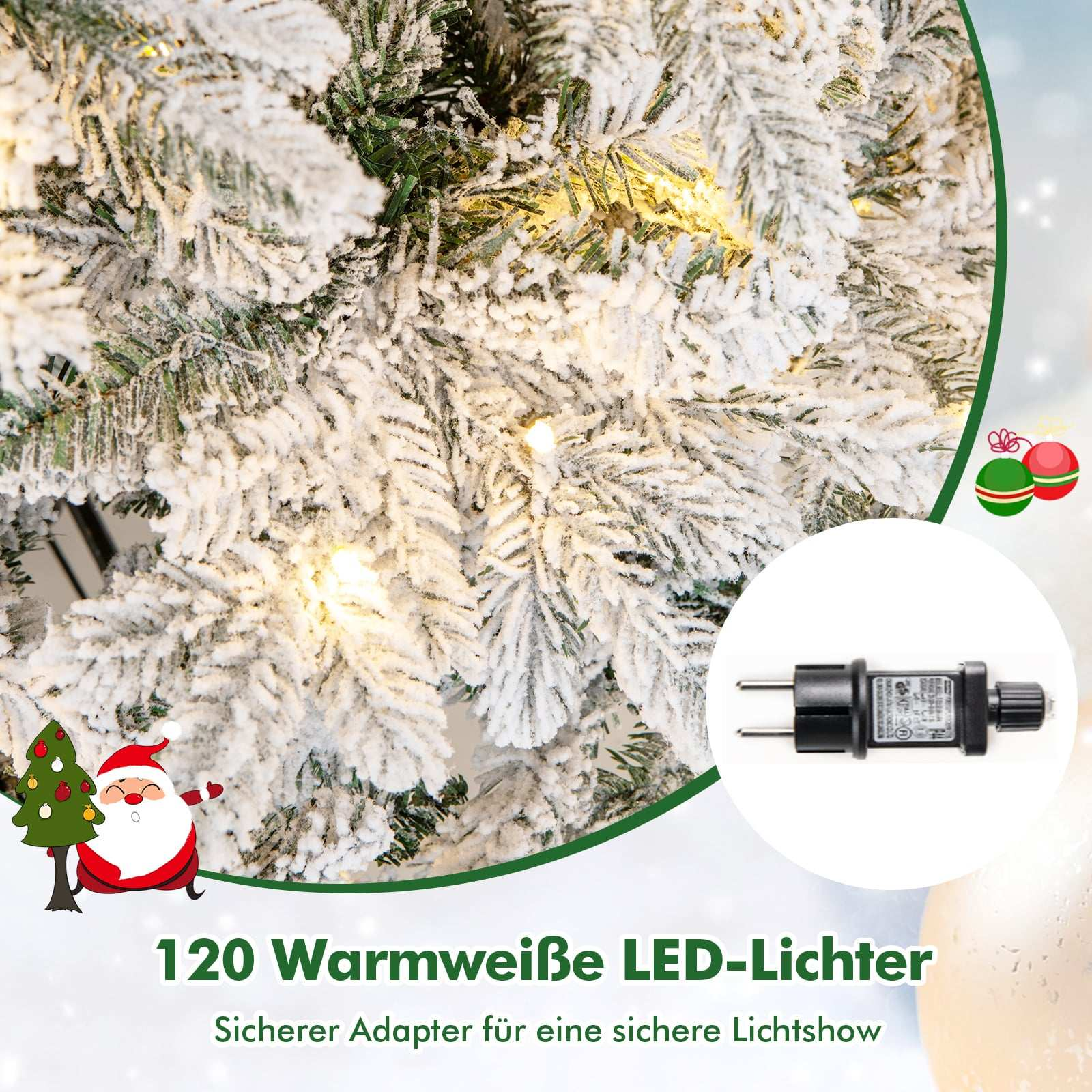 Besneeuwde dennentakken met warmwitte LED-lampjes en kerstman decoratie.