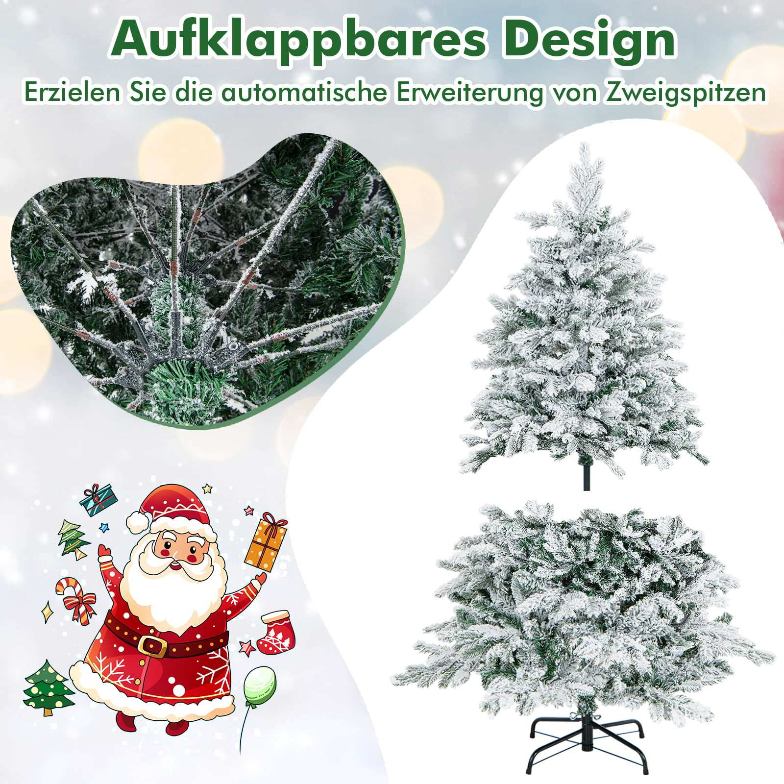 Besneeuwde kerstbomen, Kerstman en cadeaus. Opvouwbaar ontwerp.