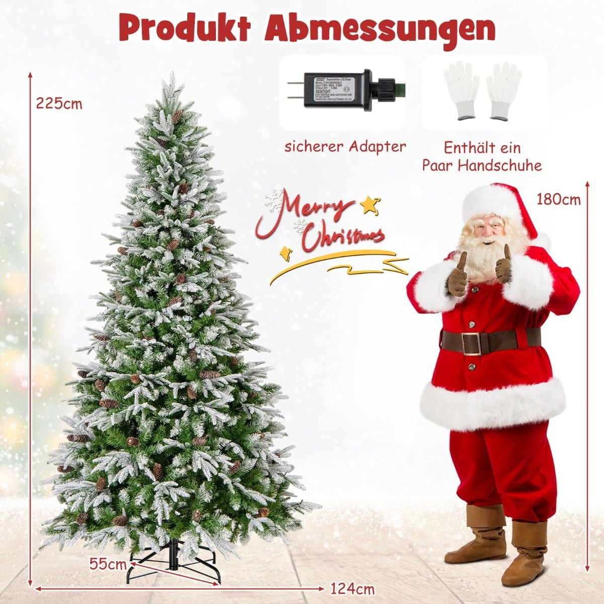 Besneeuwde kerstboom, kerstman, adapter en handschoenen.