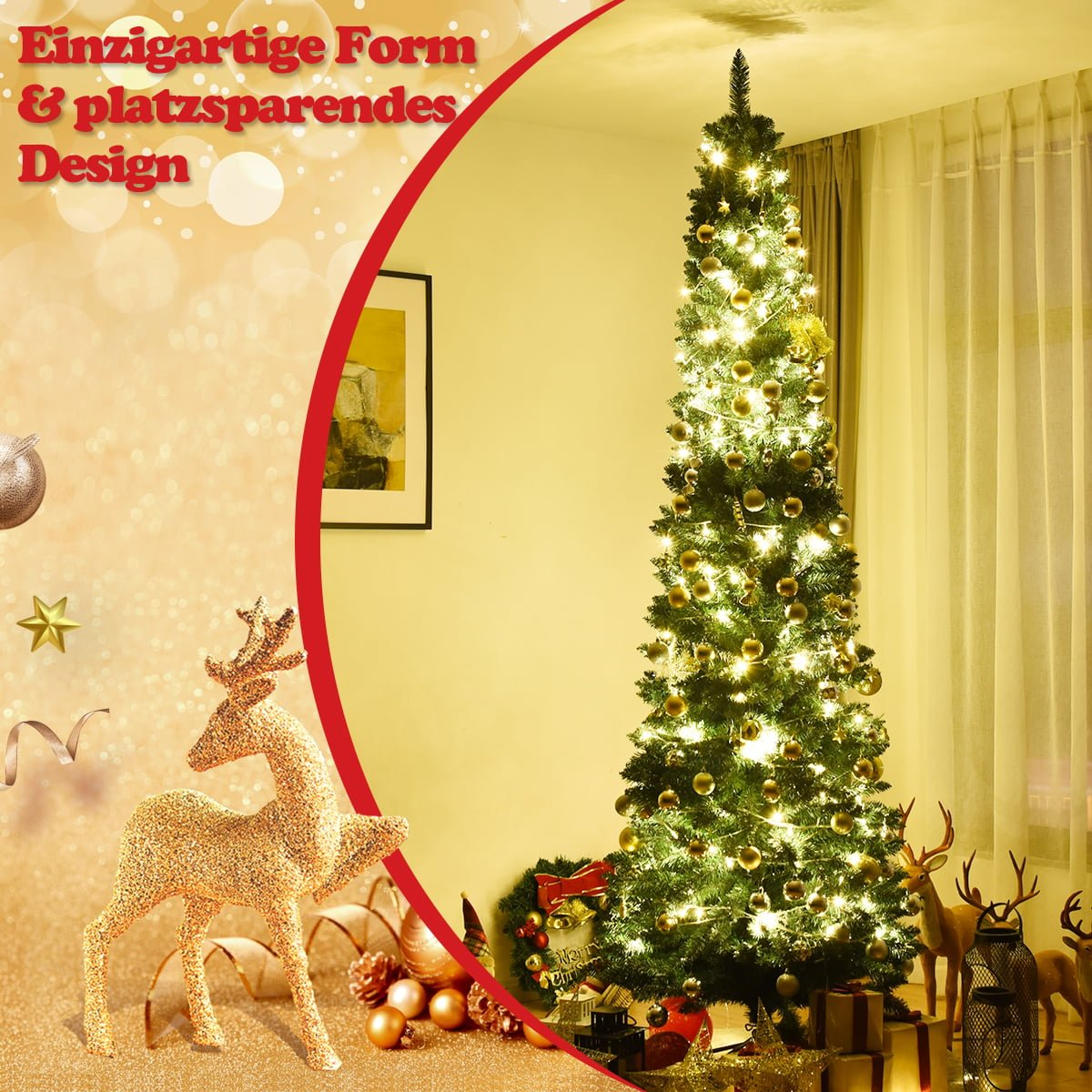 Een slanke, verlichte kerstboom met gouden ballen en rendierdecoraties.