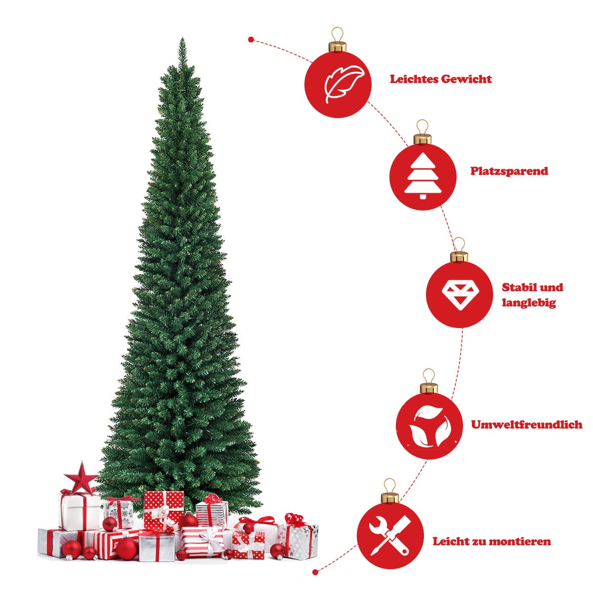 Een slanke groene kerstboom met rode cadeaus en ornamenten. Kenmerken worden vermeld.