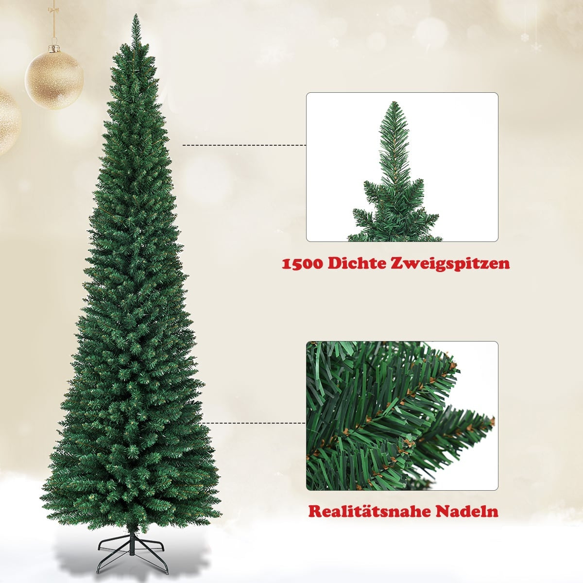 Een slanke, kunstkerstboom met donkere takken en realistische naalden.