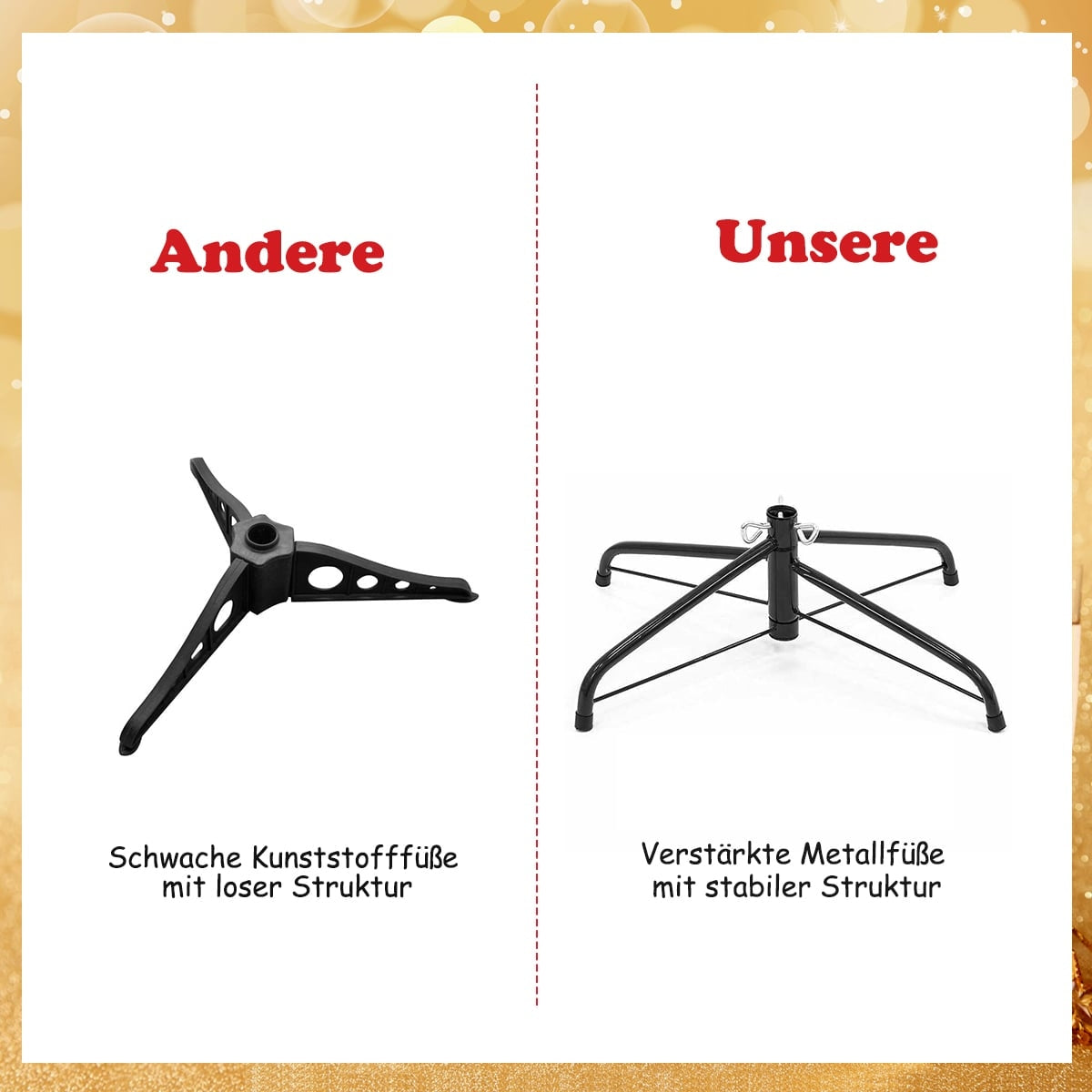 Vergelijking van kerstboomstandaards: een zwakke plastic standaard vs. een versterkte metalen standaard.