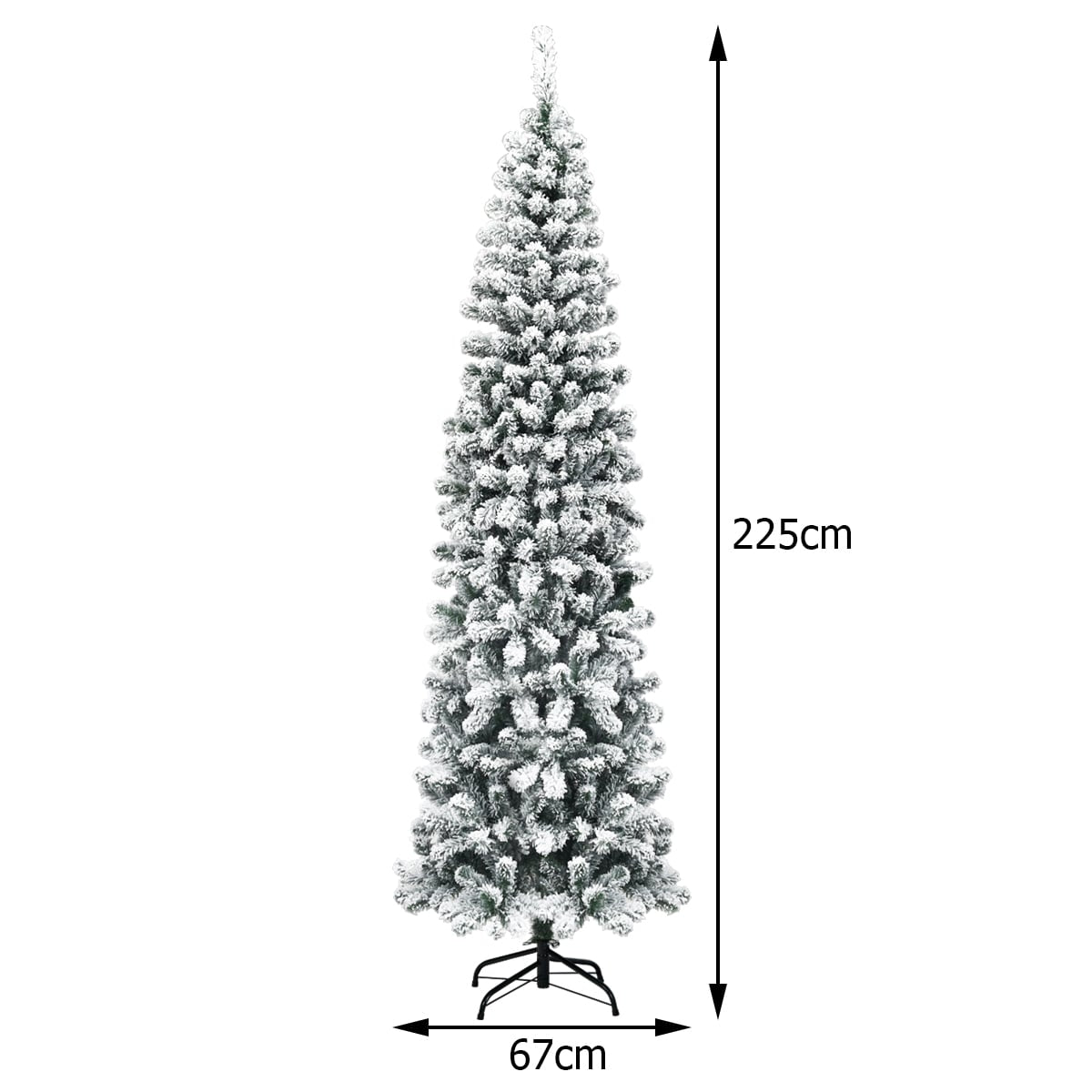 Een 225 cm hoge, slanke kunstkerstboom met een sneeuwachtig uiterlijk en zwarte standaard.