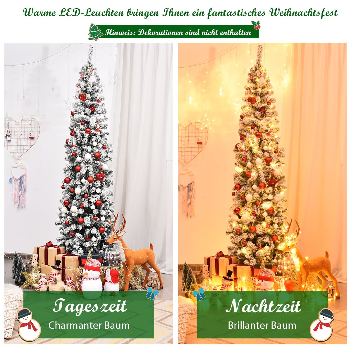 Twee versierde kerstbomen, één helder, één verlicht, met cadeaus en rendieren.