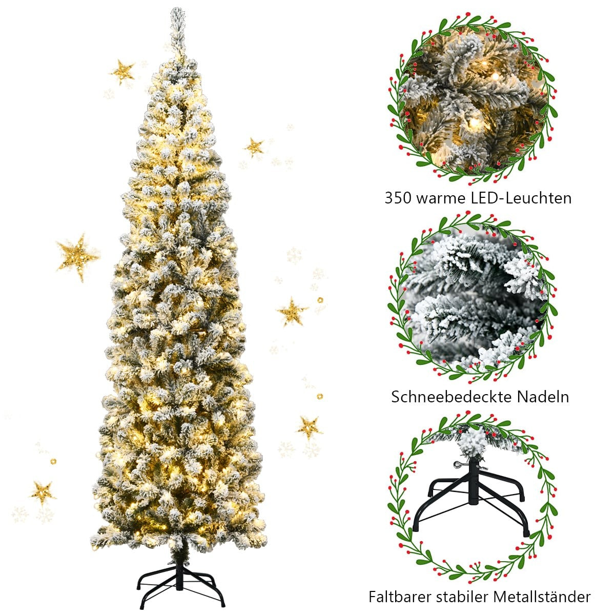 Een verlichte, met sneeuw bedekte kerstboom met sterren.