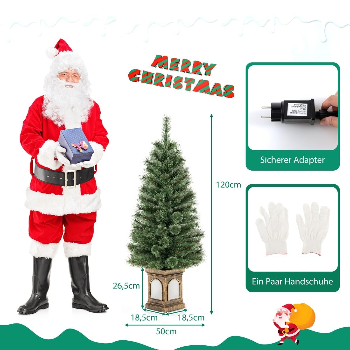Kerstman met cadeau naast kerstboom. Bevat adapter en handschoenen.