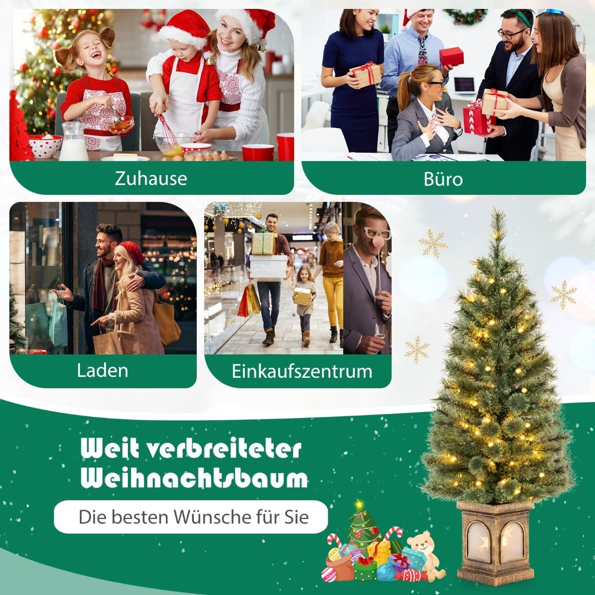 Kerstboom met lampjes, families die genieten thuis, op kantoor & bij het winkelen.