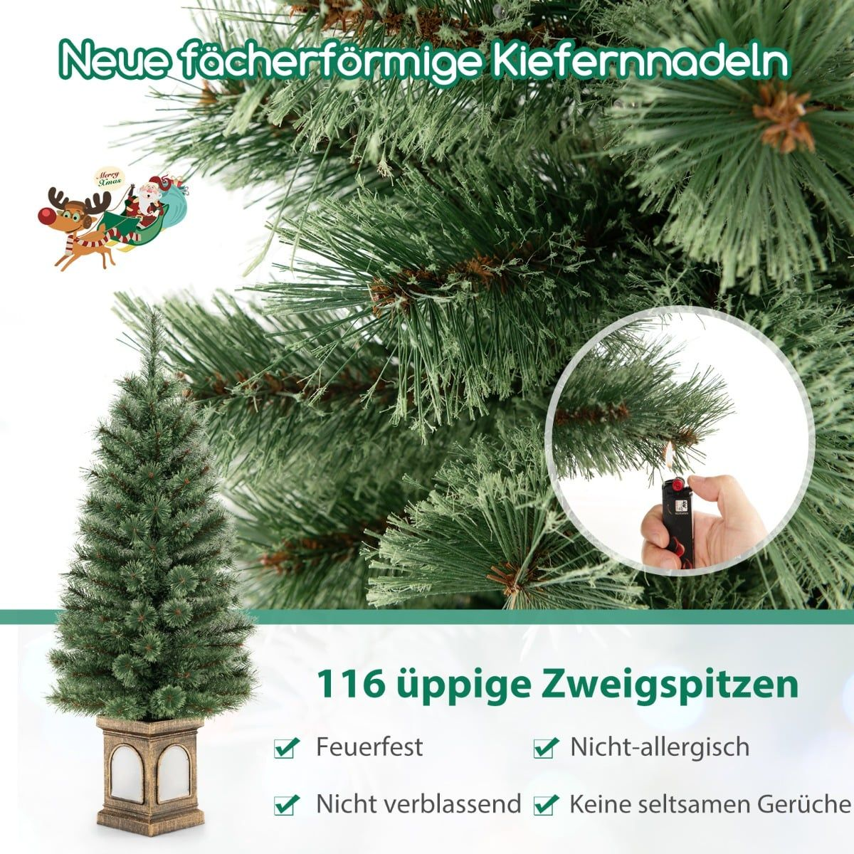 Kunstmatige kerstboom met waaiervormige naalden en kerstman slee decoratie.