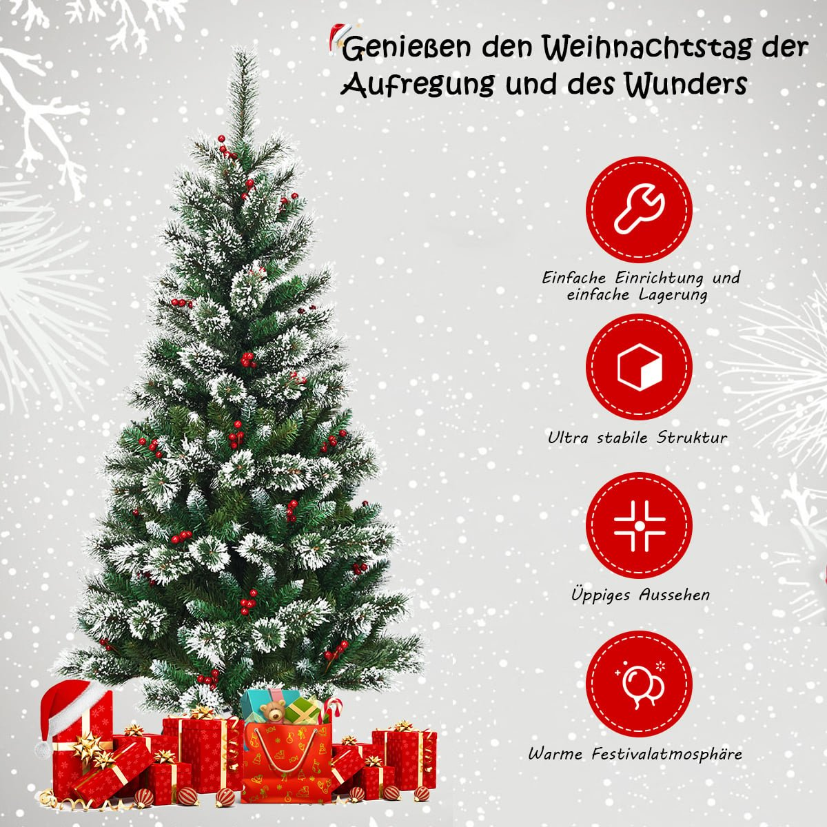 Een versierde kerstboom met cadeaus en Duitse teksten.