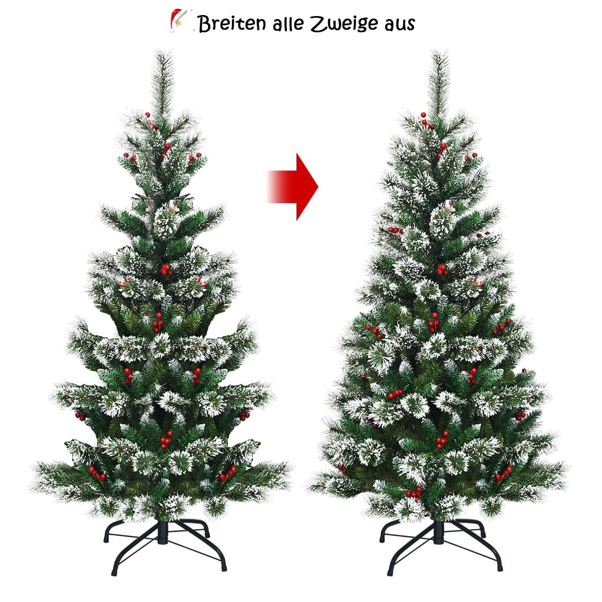 Twee kunstkerstbomen, de ene met gesloten takken, de andere volledig uitgespreid.