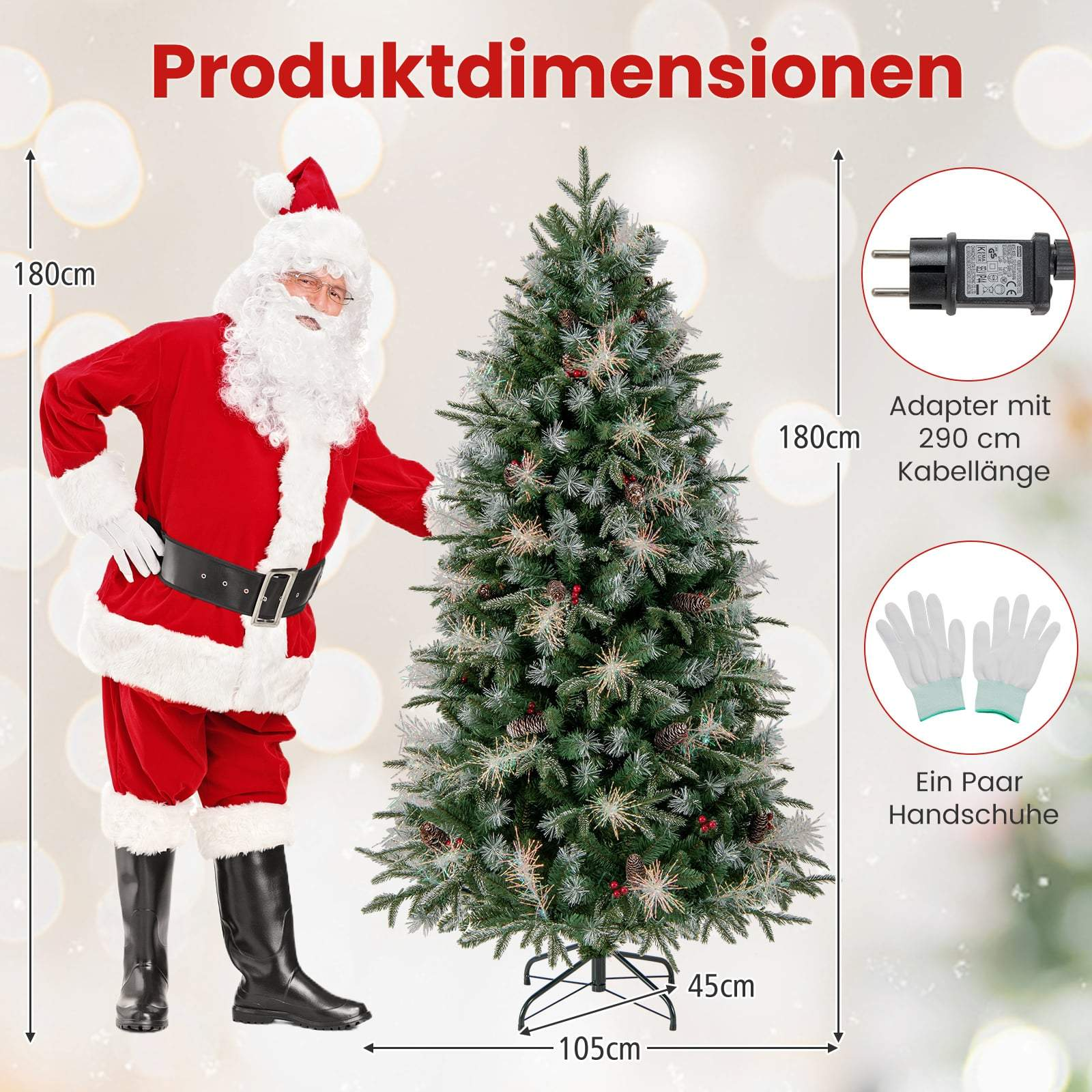 Een Kerstman staat naast een kerstboom. Afmetingen en accessoires worden getoond.