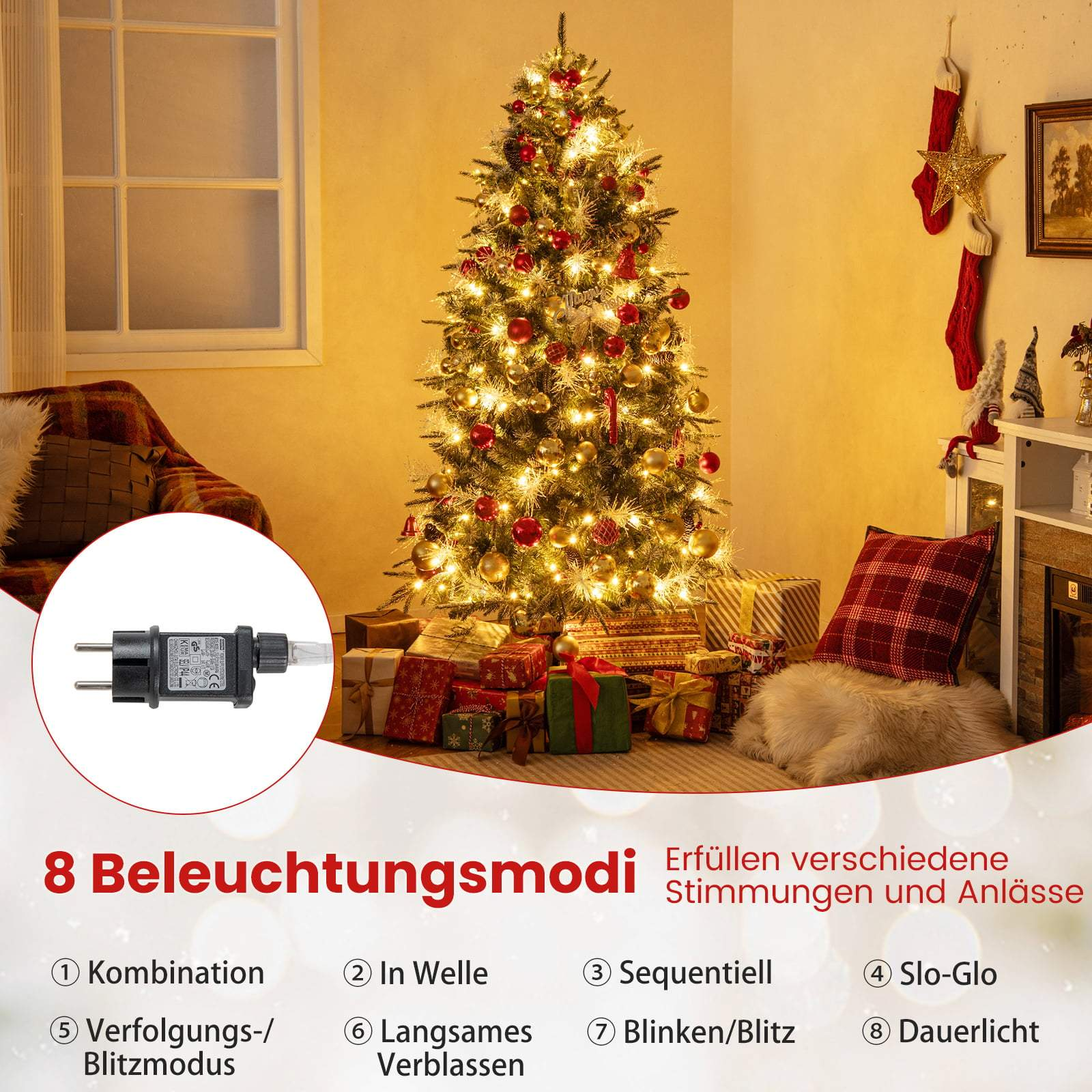 Een verlichte kerstboom met cadeaus en lichtmodi in het Duits.