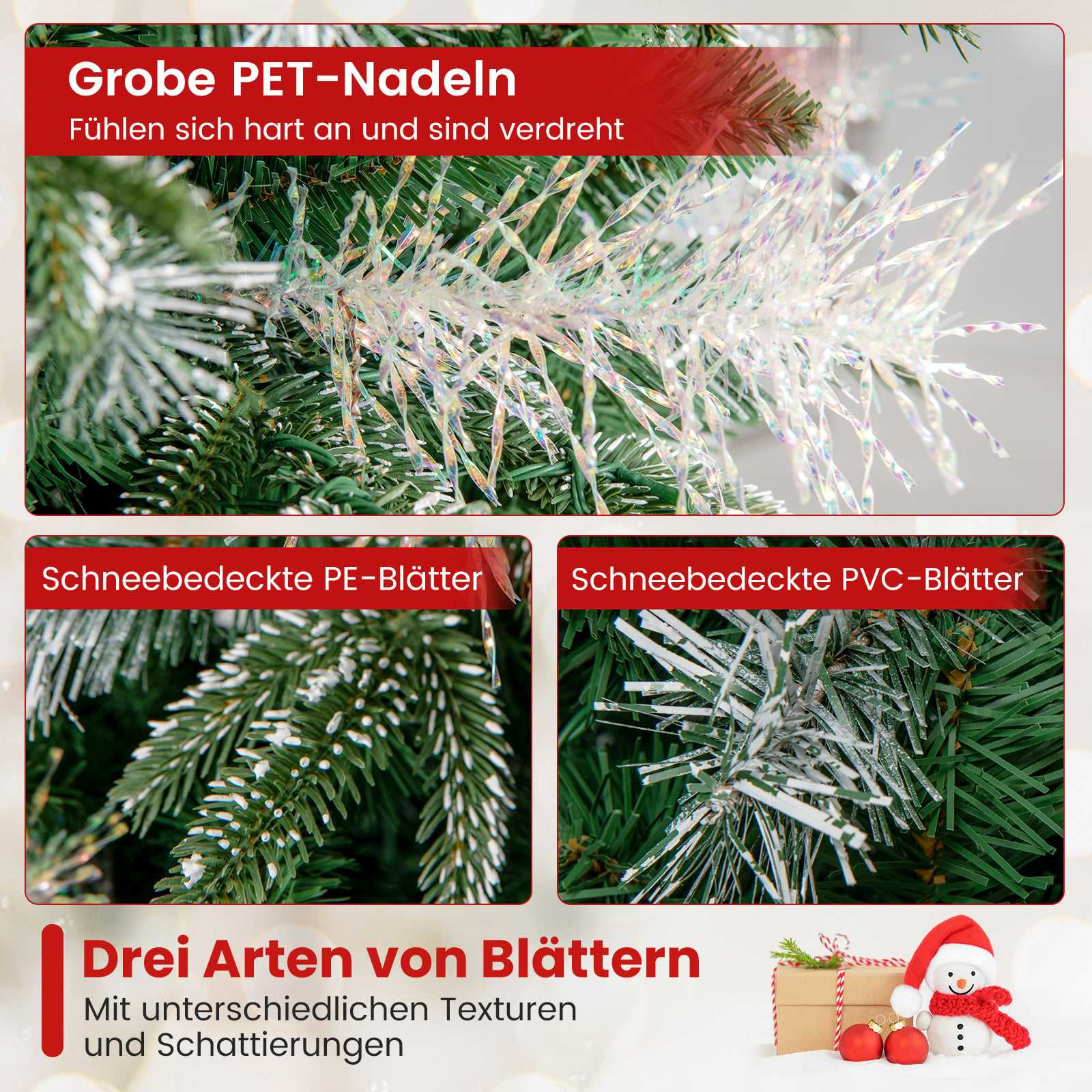 Close-up van drie soorten kunstkerstboombladeren met tekst.