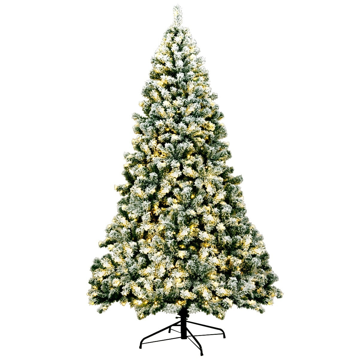 Een versierde kerstboom met witte toppen en lampjes op een standaard.