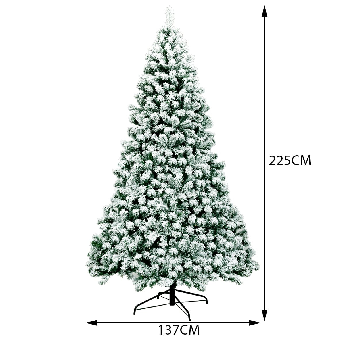 Een 225 cm hoge, 137 cm brede kunstkerstboom met sneeuw-effect.