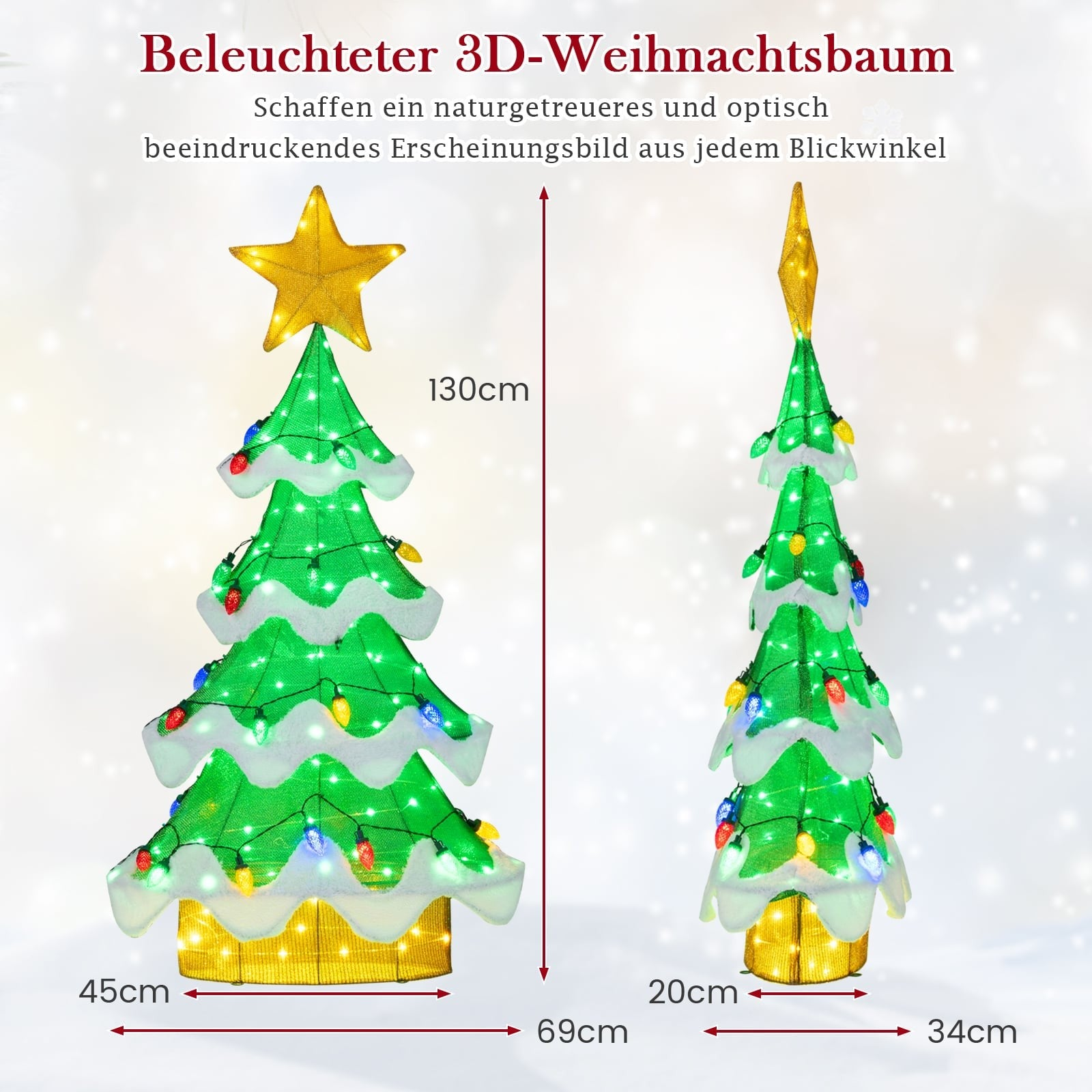 Twee verlichte 3D kerstbomen met sterren. Links 130cm, rechts kleiner.