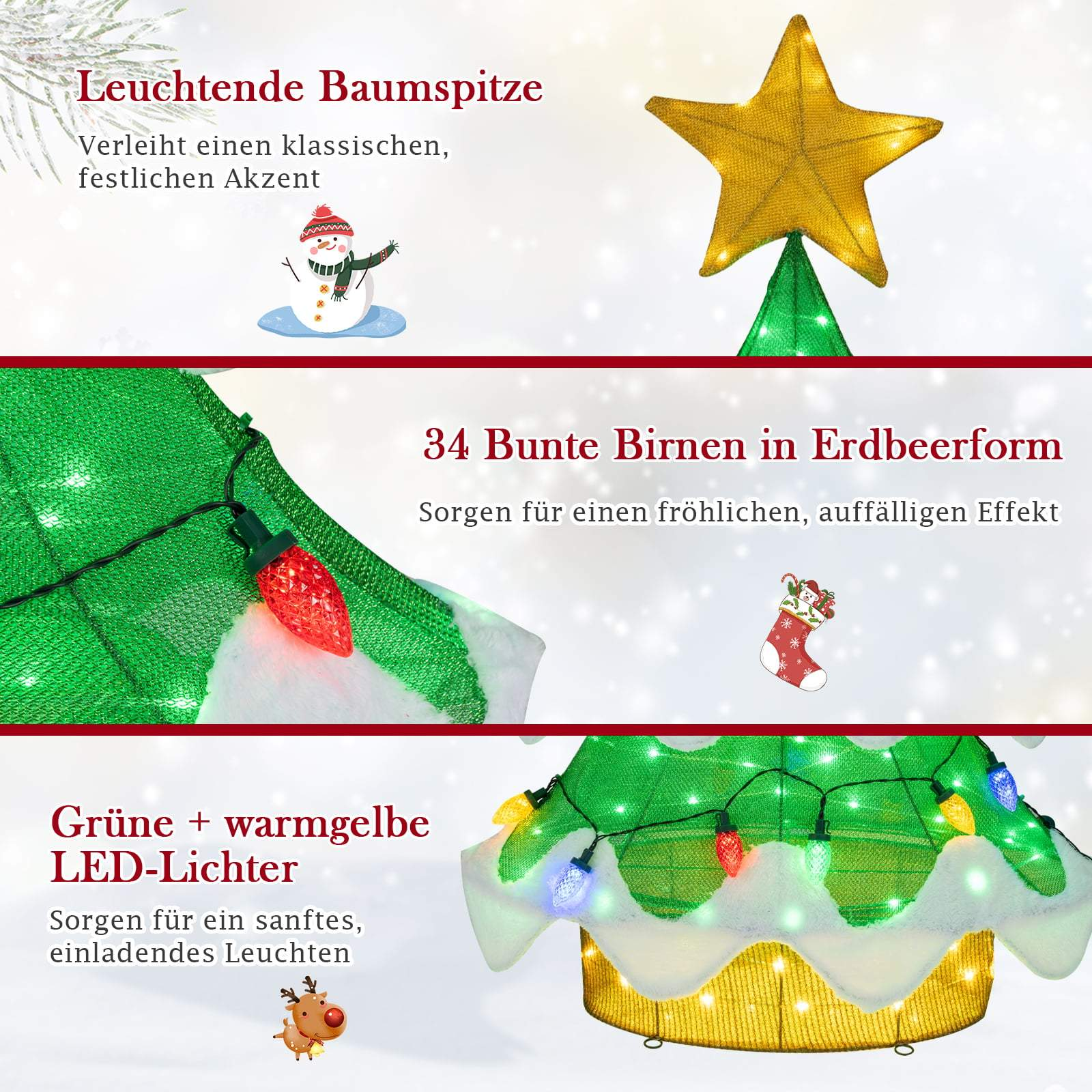 Groene LED kerstdecoratie met ster, sneeuwpop en lichtslingers.