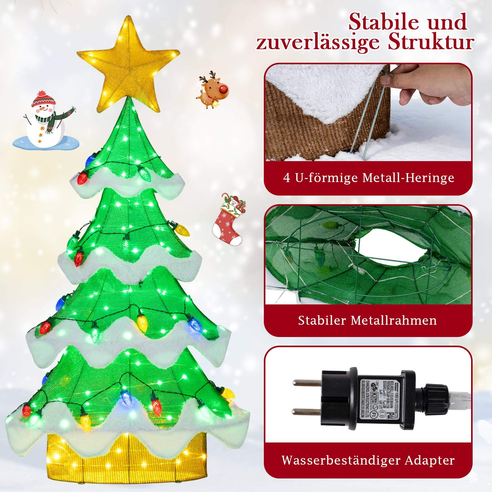 Groene kerstboom met lampjes, ster, sneeuwpop en rendier.