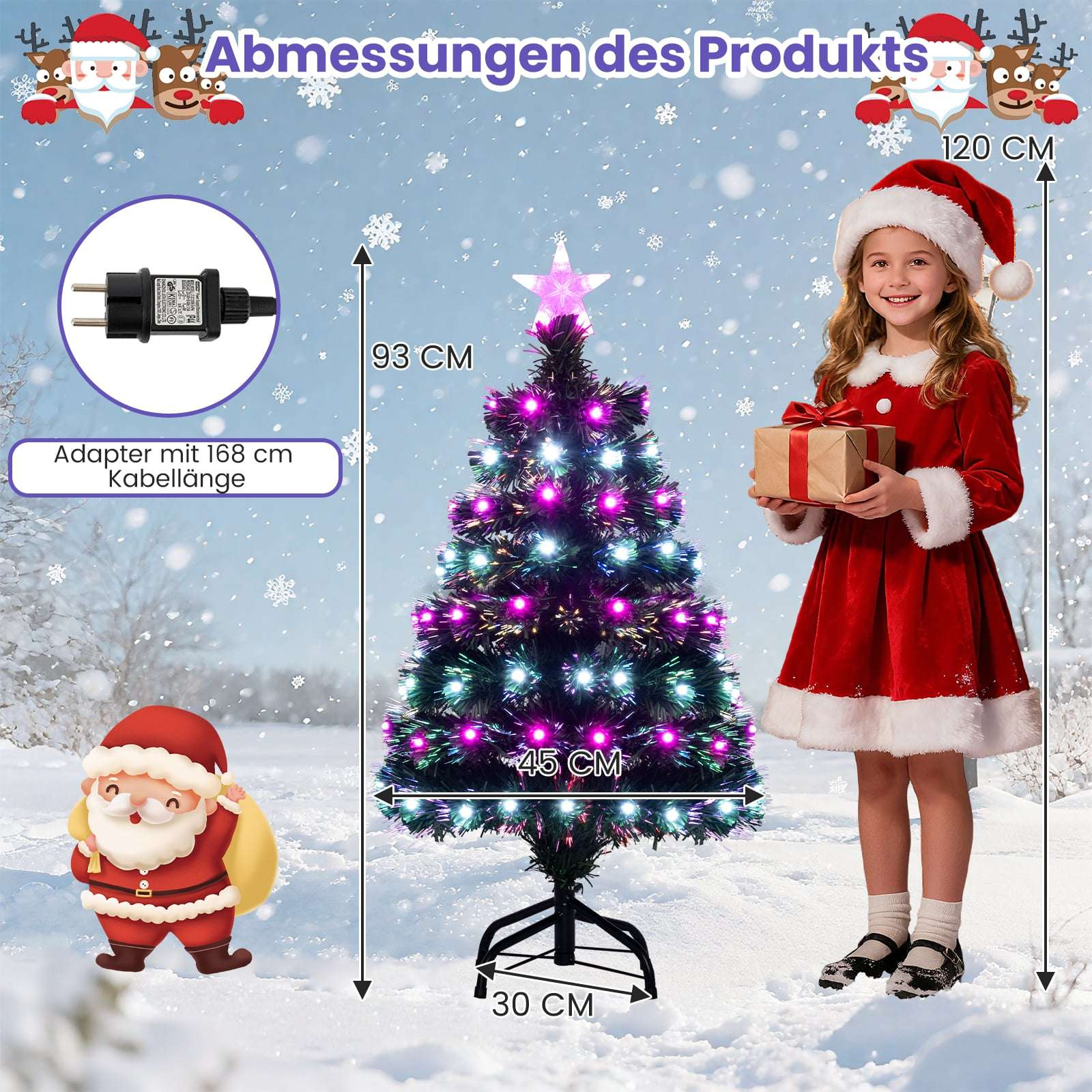Een meisje in kerstmanpak houdt een cadeau vast naast een verlichte boom.