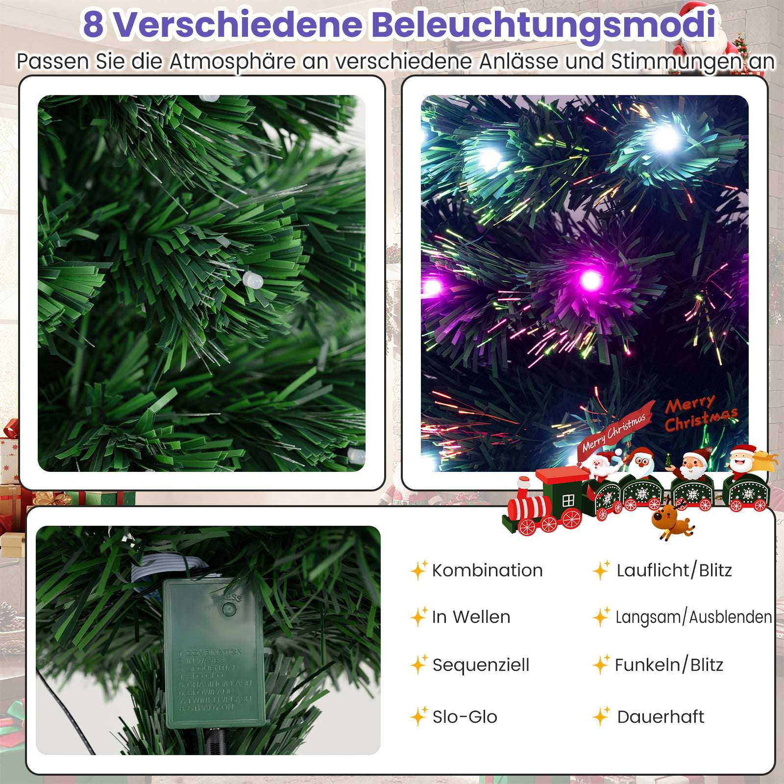 Kerstboom met verlichting in verschillende modi, lijst met modi.