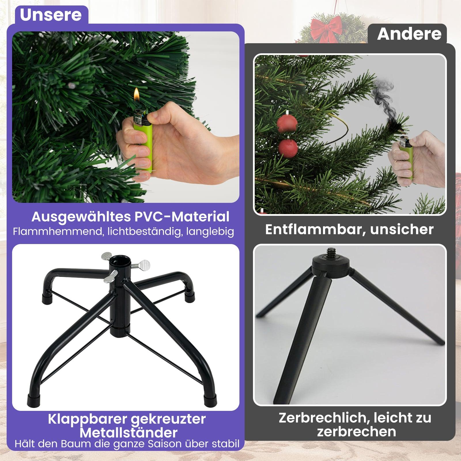 Vergelijking van twee kerstbomen: één van PVC, de ander brandbaar.
