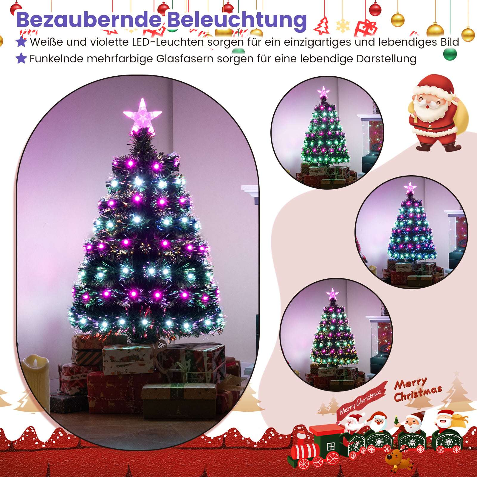 Een verlichte kerstboom met witte en violette lampjes, omringd door cadeaus.