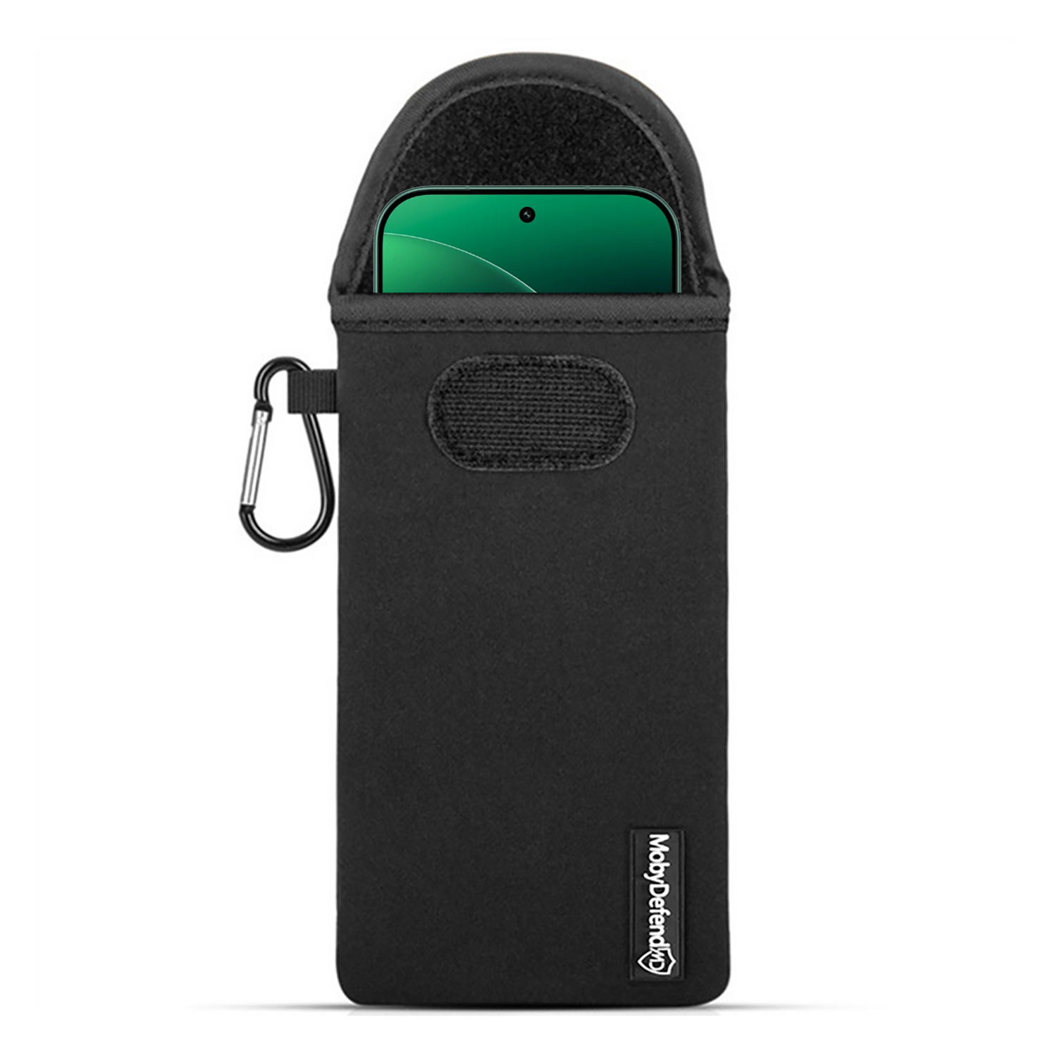 Pochette noire pour téléphone avec mousqueton et partie d'un smartphone vert.