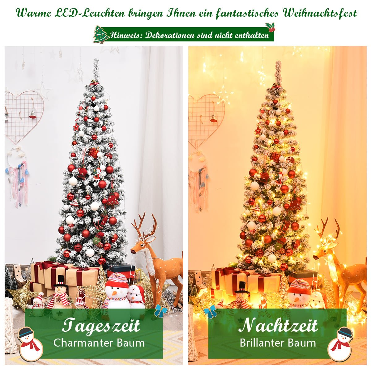 Twee versierde kerstbomen: één overdag, één 's nachts met lichtjes.