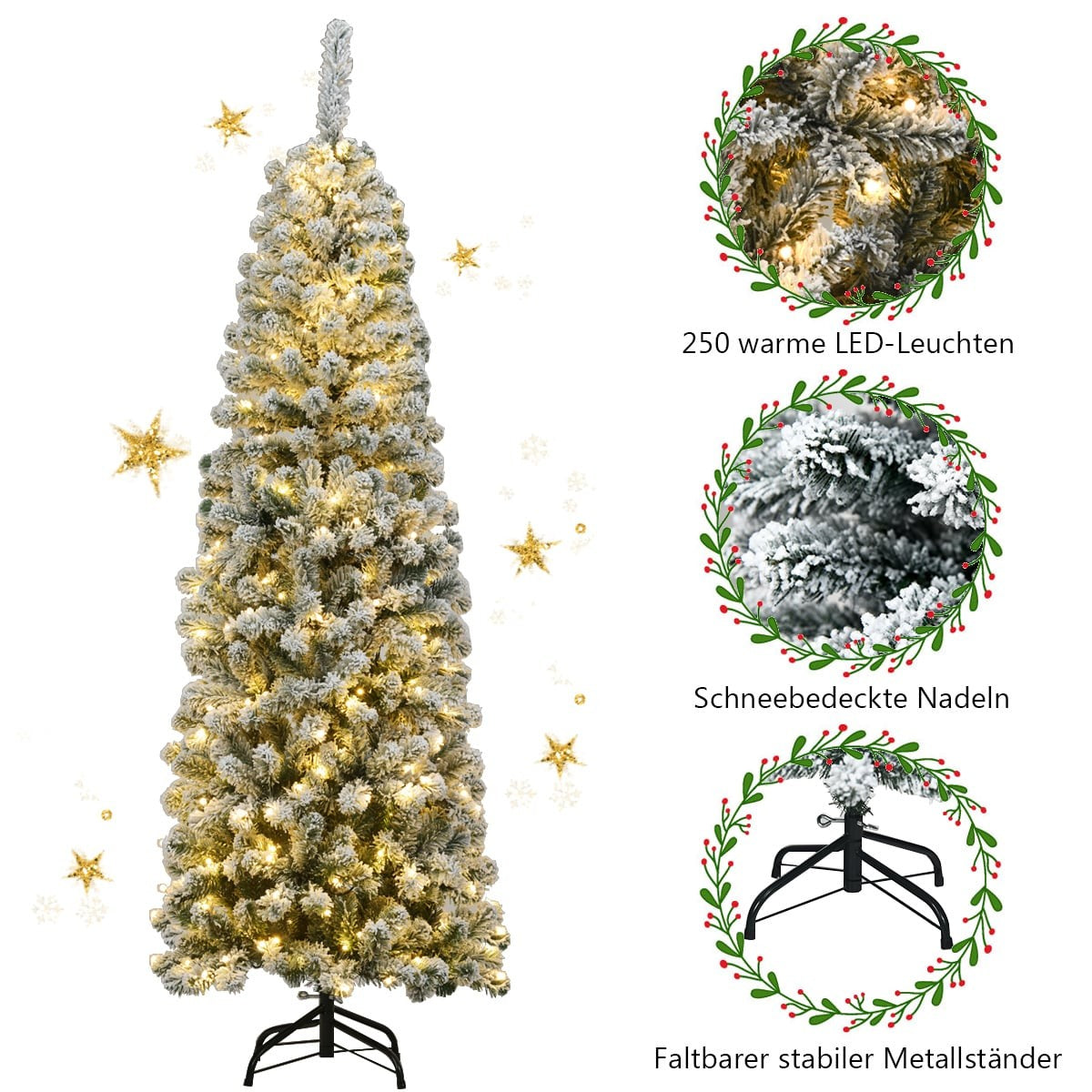Een versierde kerstboom met lichtjes en sterren. Details tonen LED's, naalden en standaard.