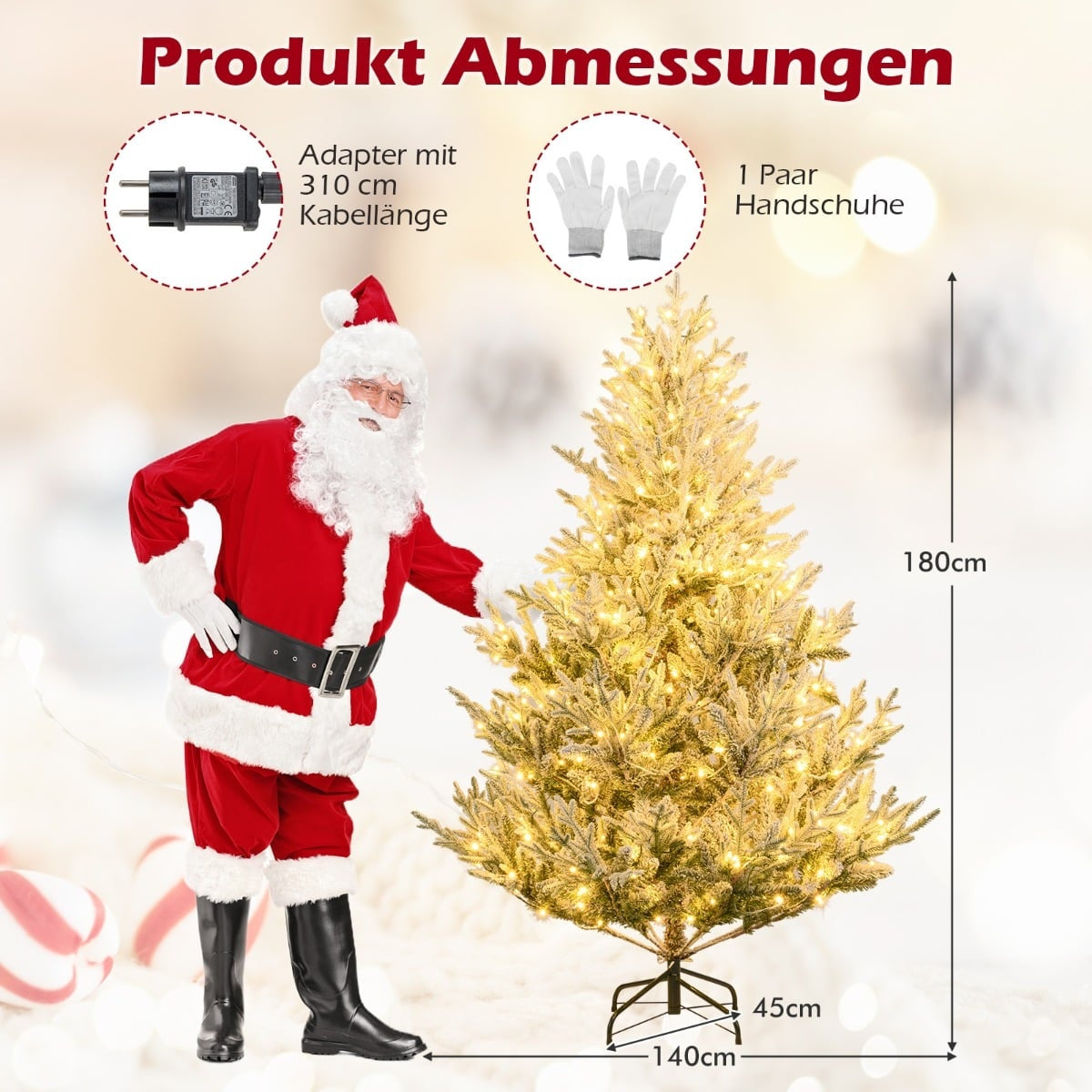 Kerstman naast verlichte boom (180cm H, 140cm B). Accessoires: adapter, handschoenen.