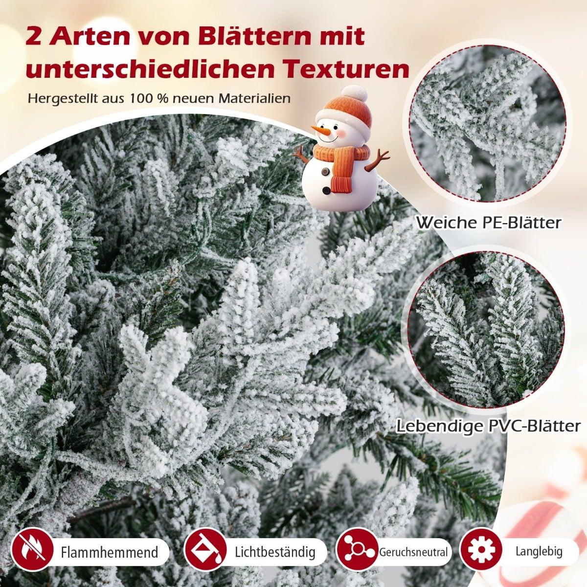Close-up van een met sneeuw bedekte kerstboom met tekst over twee soorten bladeren.