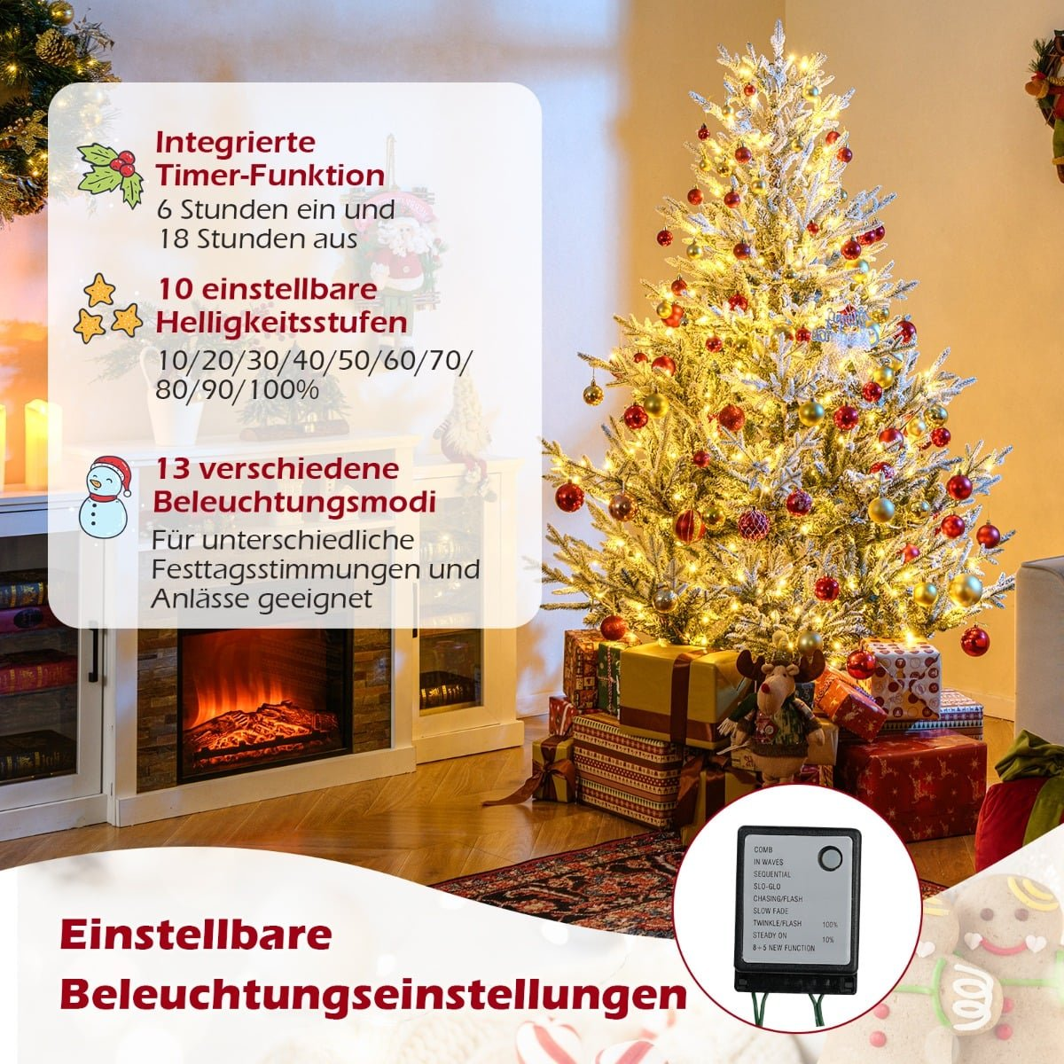 Een verlichte kerstboom met cadeaus en tekst over timer, helderheid en modi.