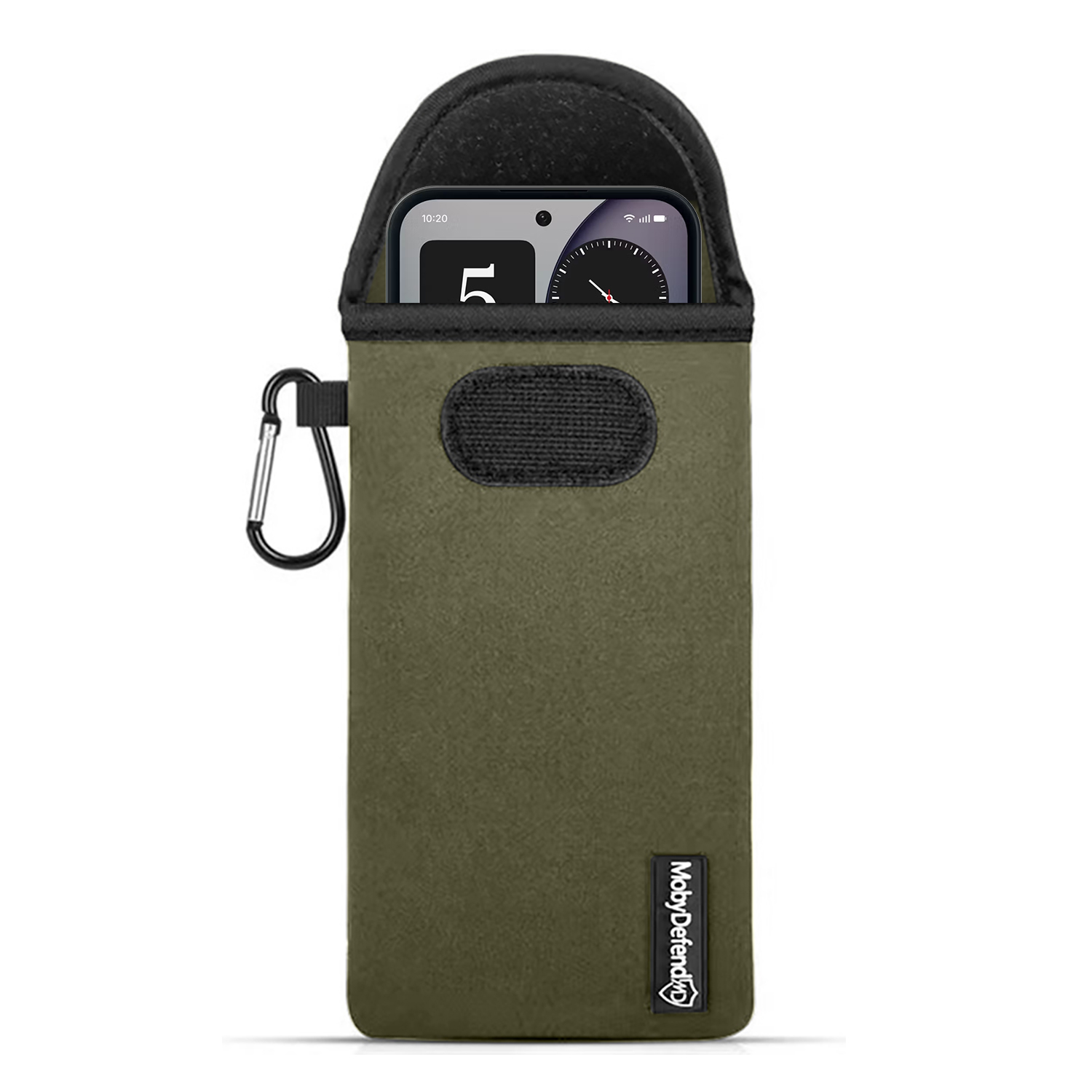 Groene telefoonhoes met karabijnhaak, telefoonscherm zichtbaar.