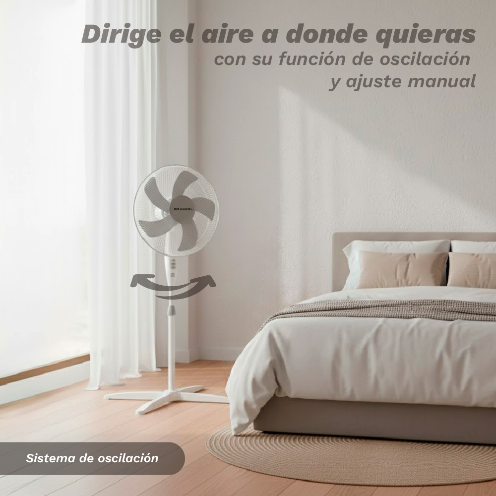Ein weißer Ventilator steht neben einem Bett im Schlafzimmer. Die Funktion zur Oszillation ist hervorgehoben.