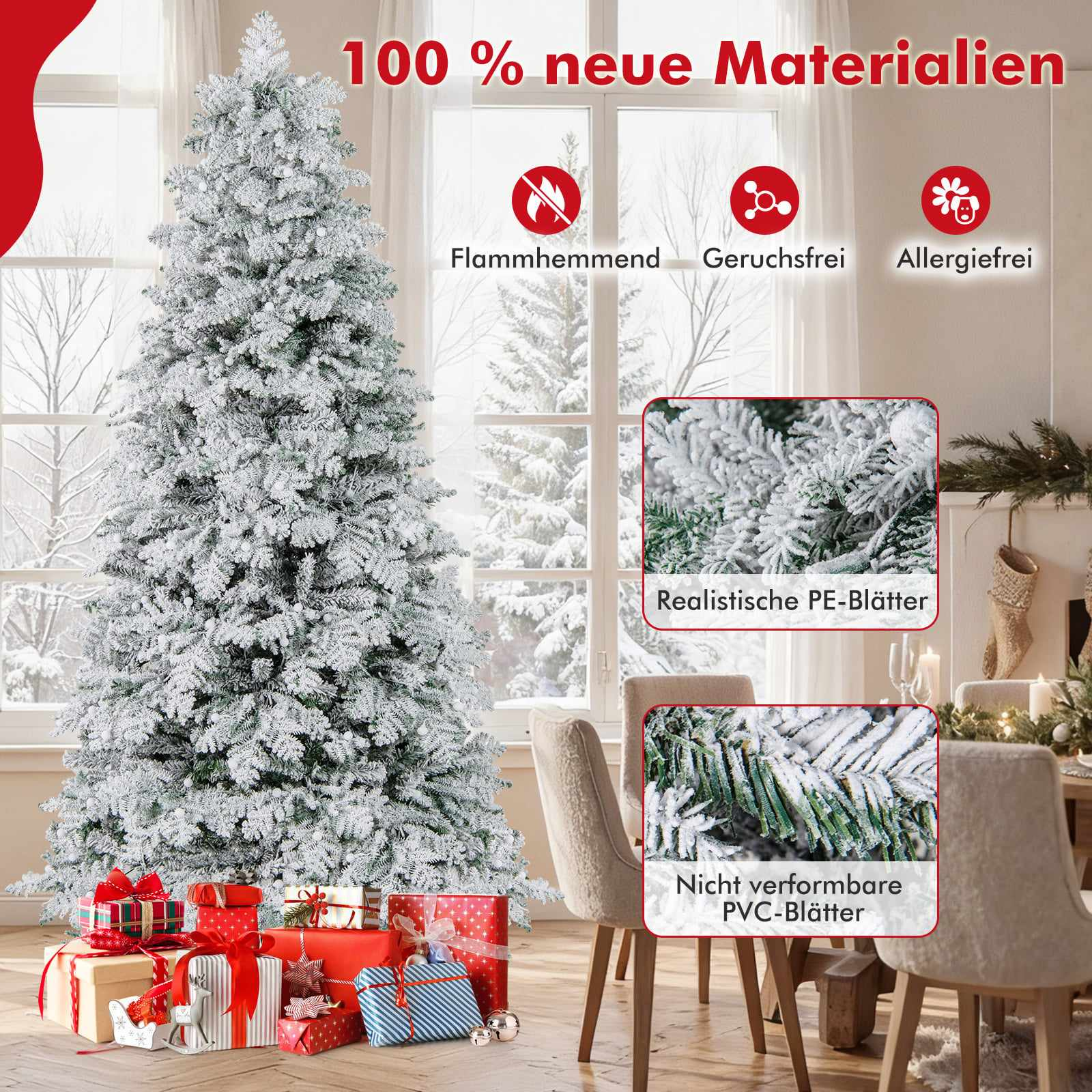 Een besneeuwde kerstboom met cadeaus, gedetailleerde close-ups en Duitse tekst.
